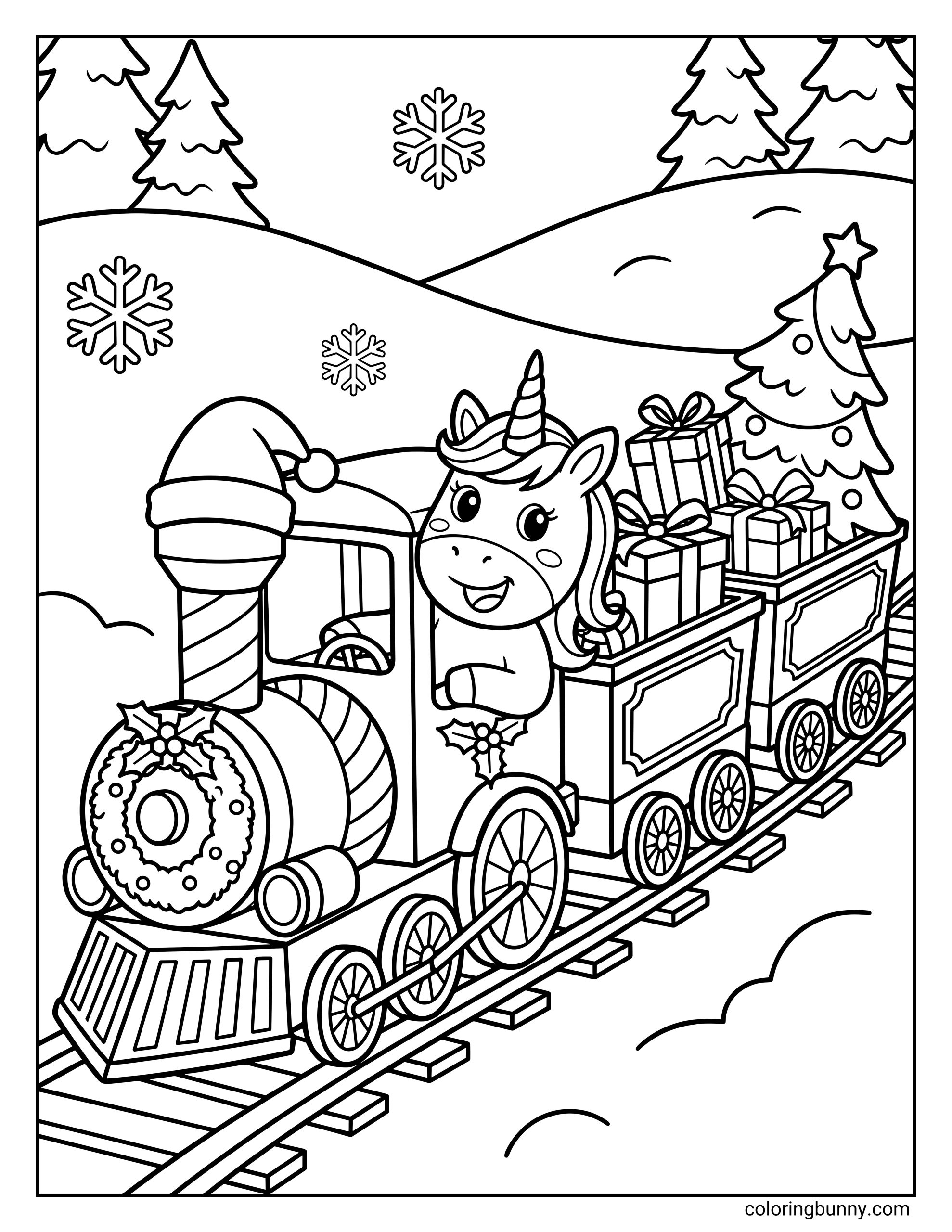 A Unicorn Christmas coloring page showing a smiling unicorn driving a festive Christmas train decorated with holly and a wreath. The train cars are filled with presents and a Christmas tree, with snowy hills, pine trees, and snowflakes in the background.