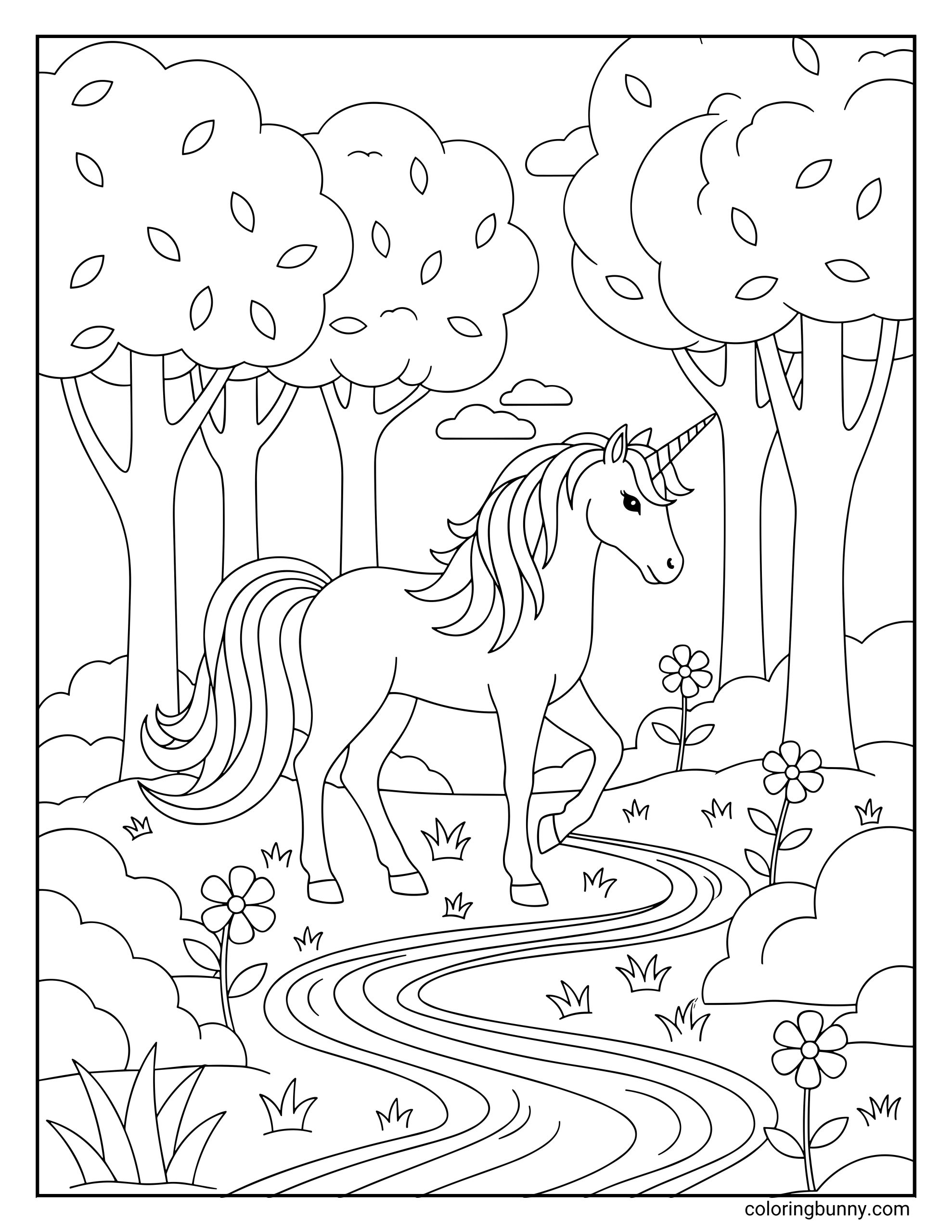 A unicorn coloring page showing a peaceful unicorn walking along a winding path through an enchanted forest. The unicorn has a long spiraled horn, flowing mane and tail, and a calm expression. Tall trees with rounded canopies, scattered leaves, flowers, and soft clouds surround the scene, creating a magical woodland setting.