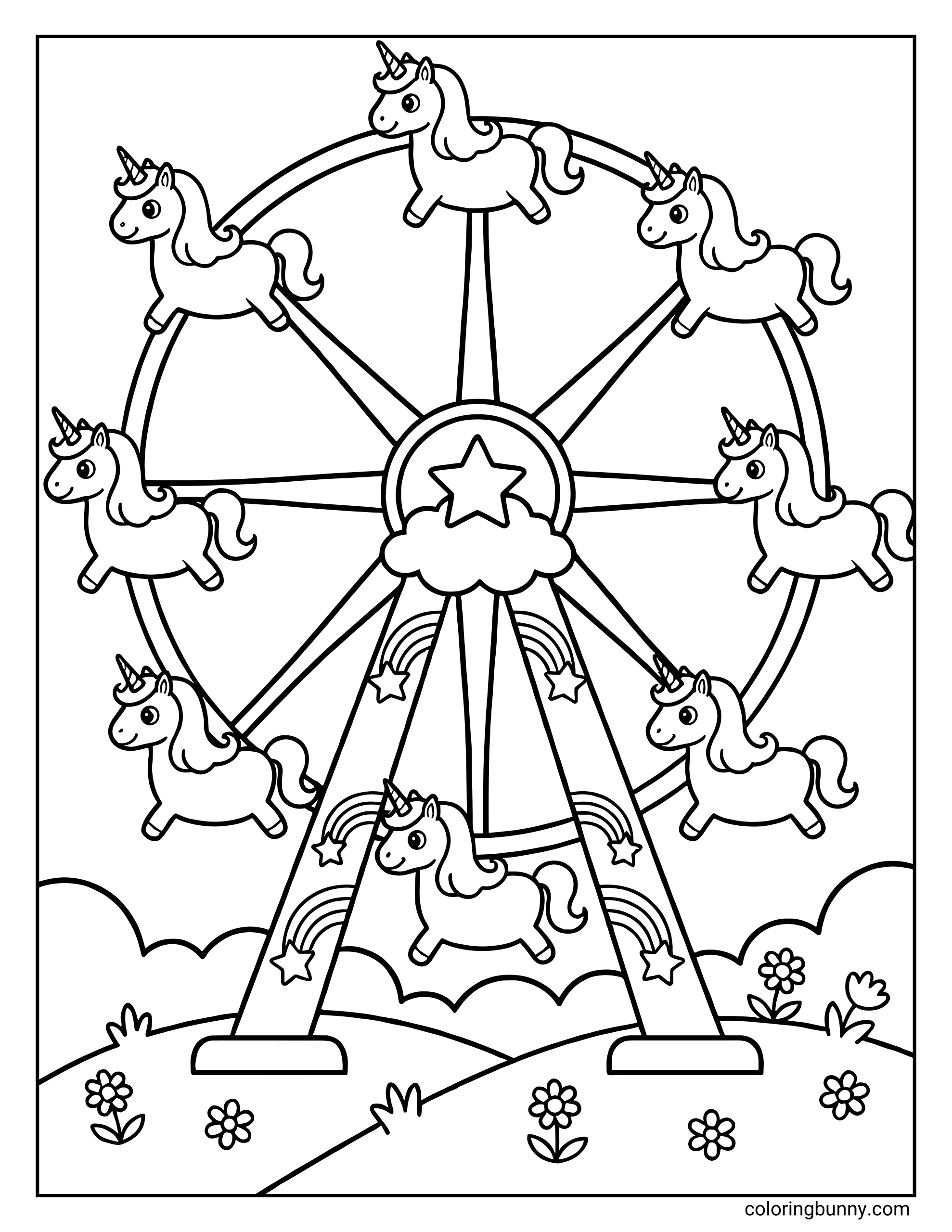 A Unicorn Christmas coloring page featuring a Ferris wheel where each seat is a cute unicorn, surrounded by stars, rainbows, clouds, and flowers.