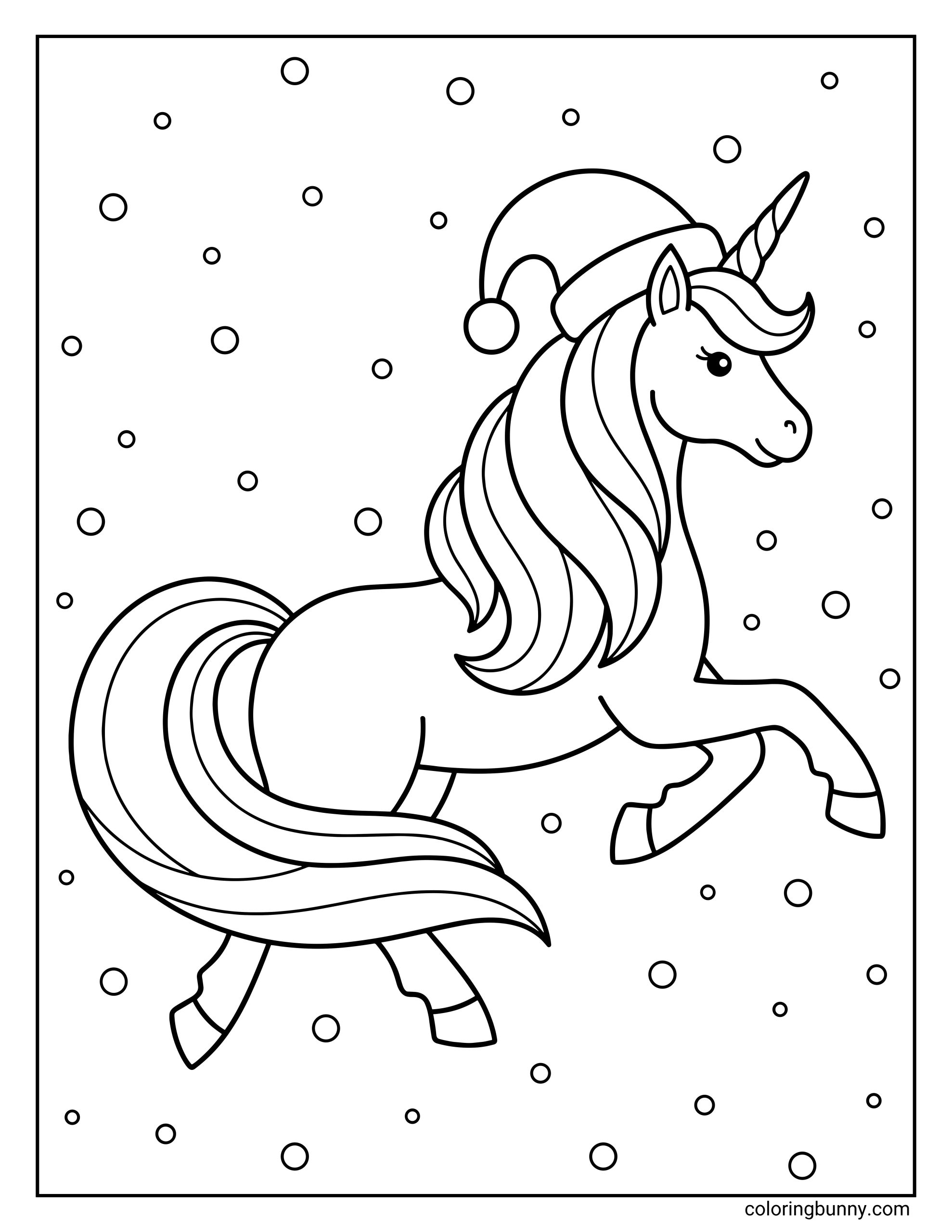 A Unicorn Christmas coloring page showing a unicorn wearing a Santa hat, prancing through falling snow with a long flowing mane and tail.