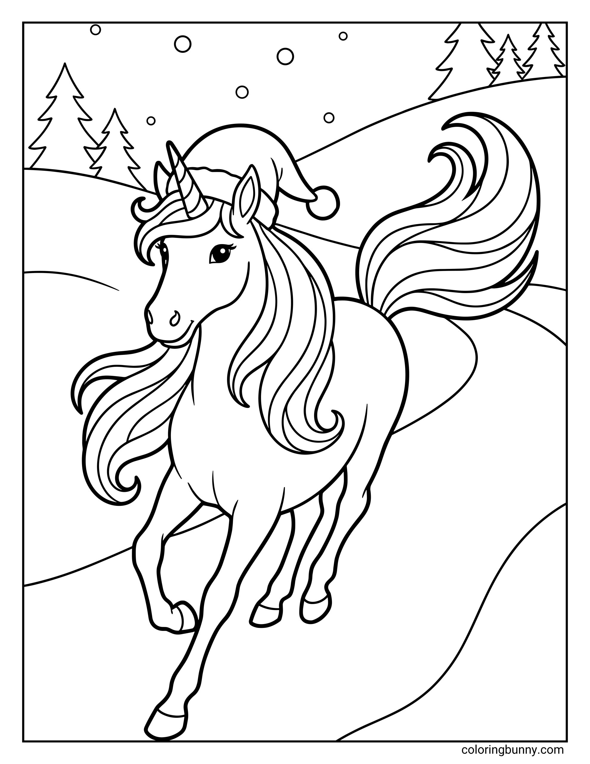 A Unicorn Christmas coloring page featuring a unicorn wearing a Santa hat, galloping through snowy hills with flowing mane and tail, surrounded by winter trees and falling snow.