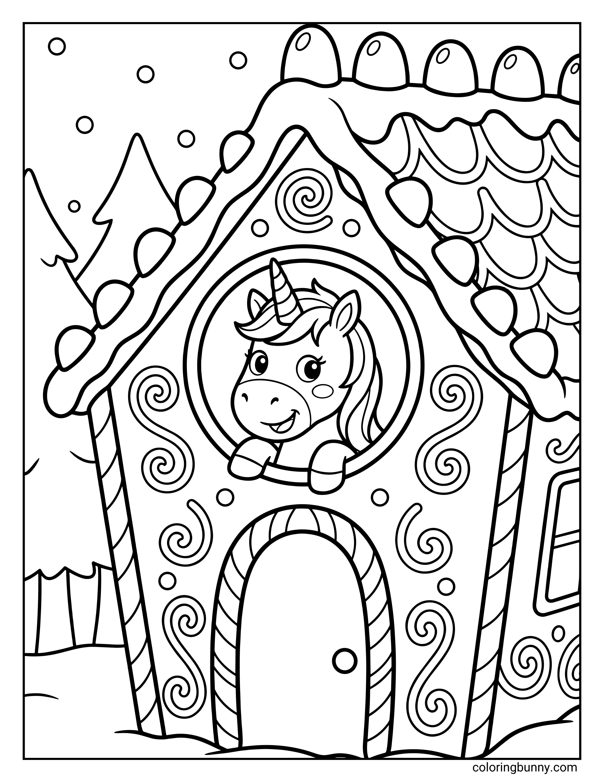 A Unicorn Christmas coloring page showing a cute unicorn peeking out of a round window in a decorated gingerbread house, surrounded by candy details and snowy scenery.