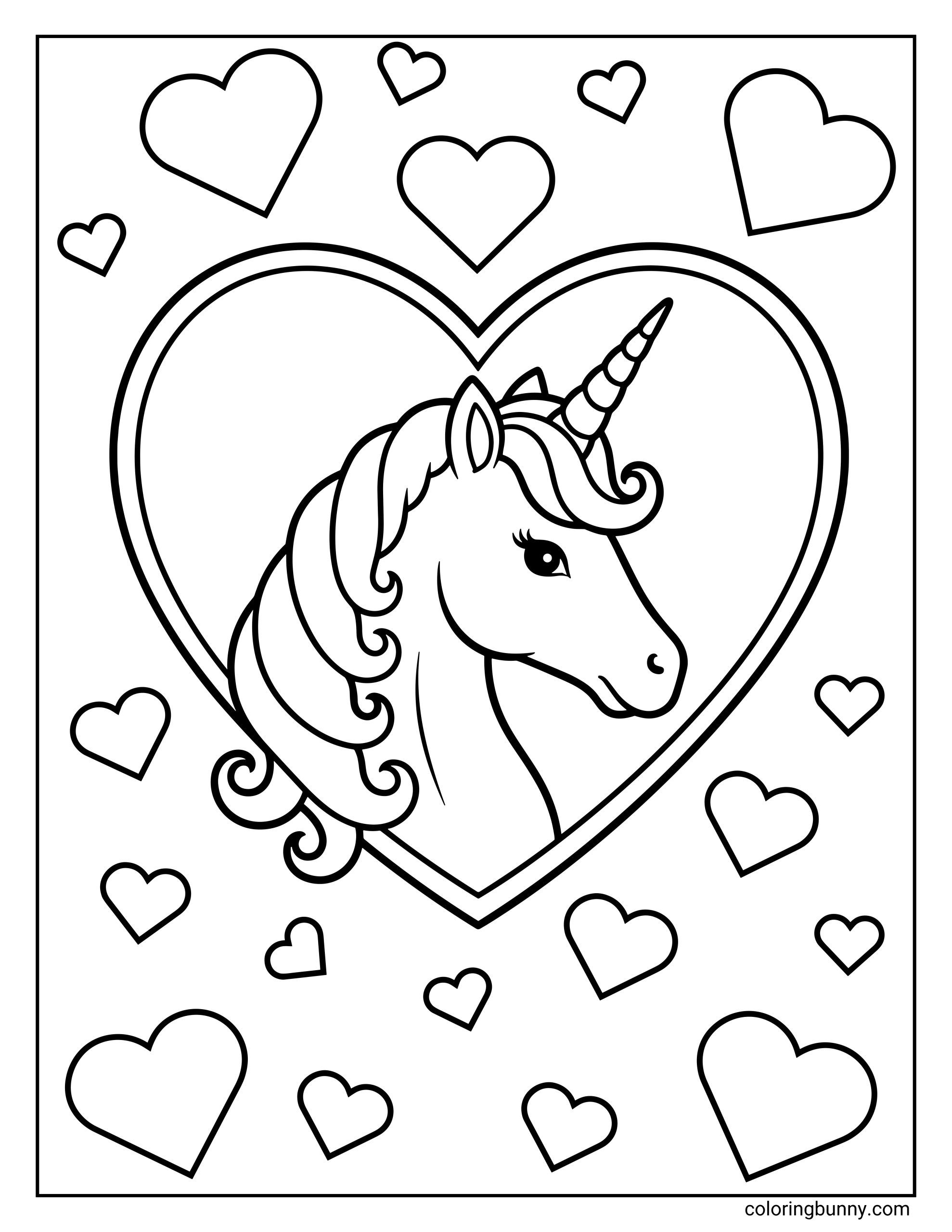 A unicorn coloring page showing a graceful unicorn’s head framed inside a large heart, surrounded by lots of floating hearts, creating a sweet and magical love-themed scene.