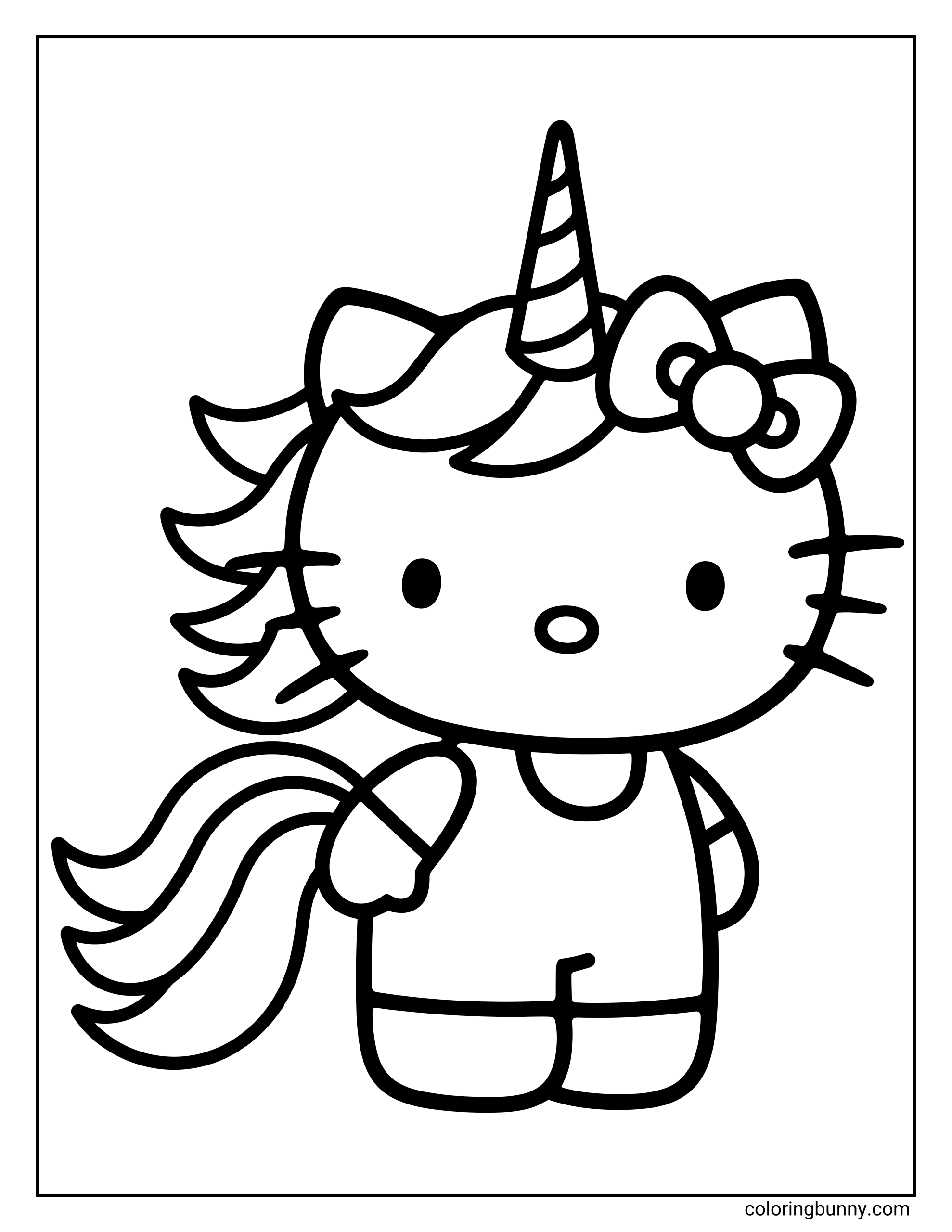 A unicorn kitty coloring page featuring Hello Kitty transformed into a unicorn, wearing her signature bow and sporting a spiraled horn on her head. She has her usual cute face, along with a flowing mane and tail, dressed in a simple outfit with a round body and small limbs. The design is clean and minimalist, making it perfect for bright, cheerful colors.