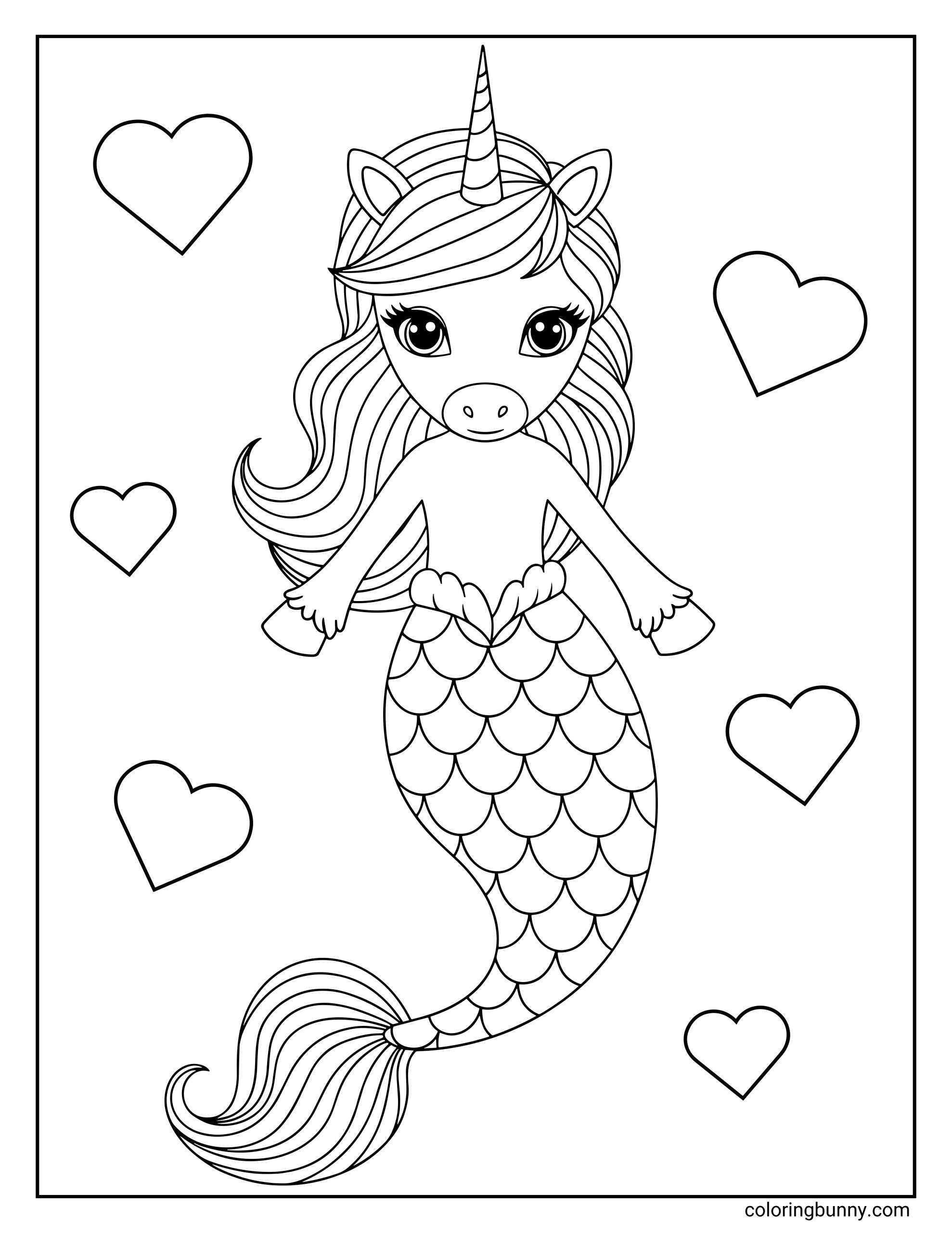 A unicorn mermaid coloring page featuring a cute unicorn with a spiraled horn, big eyes, and flowing mane. The unicorn has a mermaid tail with overlapping scales, giving it an underwater magical appearance. Heart shapes are scattered around the character, adding a playful and sweet touch to the design.