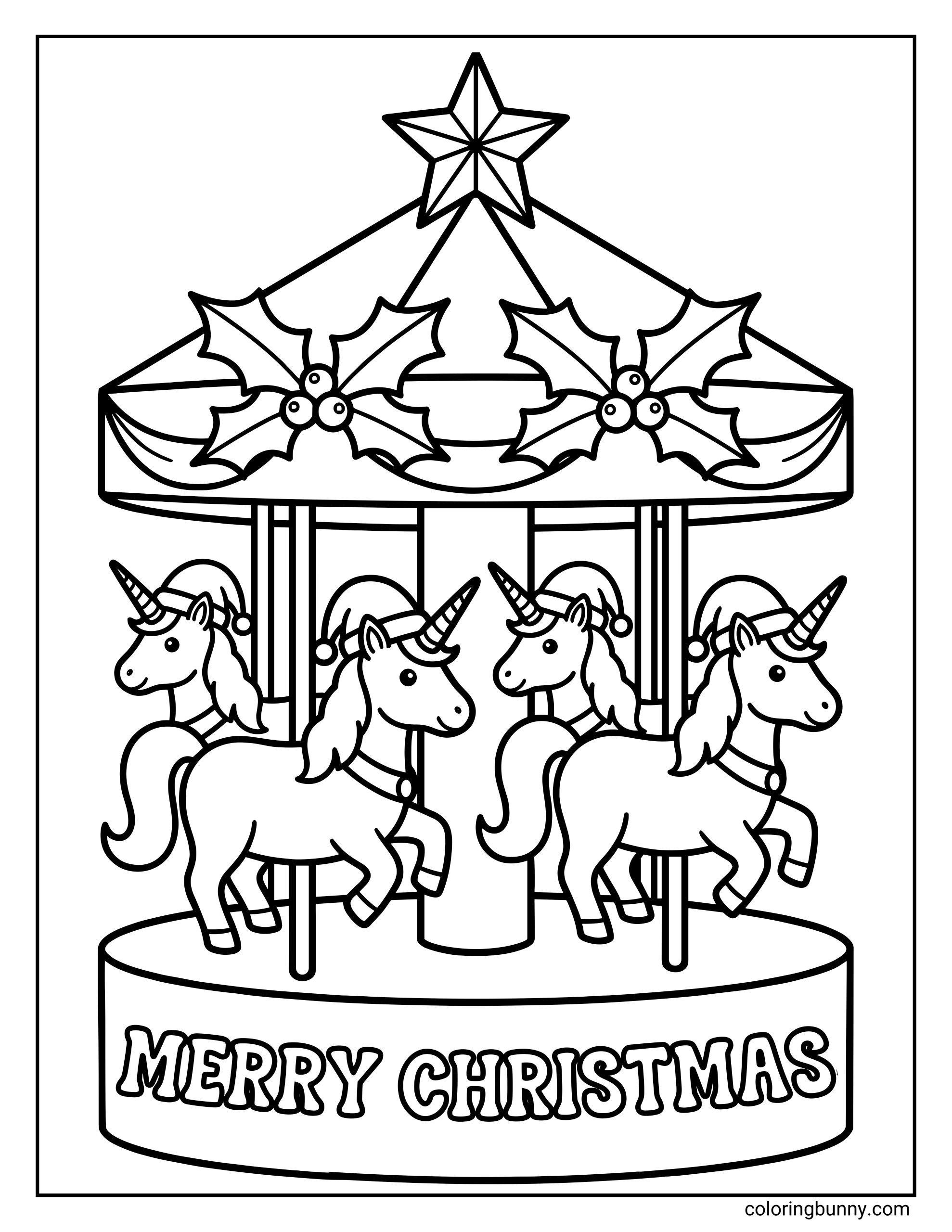 A Unicorn Christmas coloring page featuring a merry-go-round decorated with holly and a star, with four unicorns riding around the carousel and “Merry Christmas” written on the base.