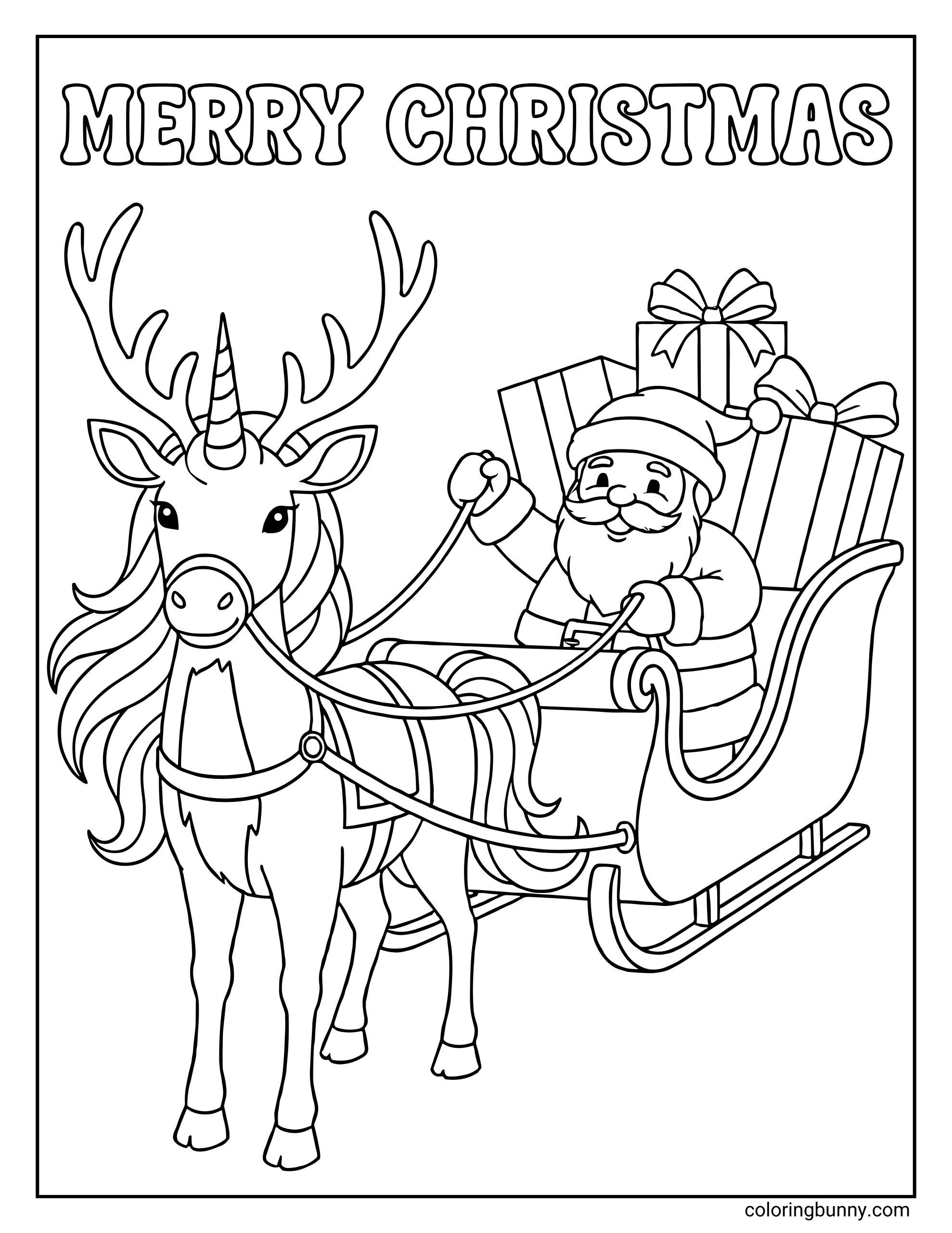 A unicorn coloring page showing a festive unicorn with a spiraled horn and reindeer-style antlers pulling Santa Claus in a sleigh. Santa is seated in the sleigh holding the reins, with stacked wrapped presents behind him. The unicorn wears a harness, has a flowing mane and tail, and the words “MERRY CHRISTMAS” appear in large rounded letters across the top of the page.