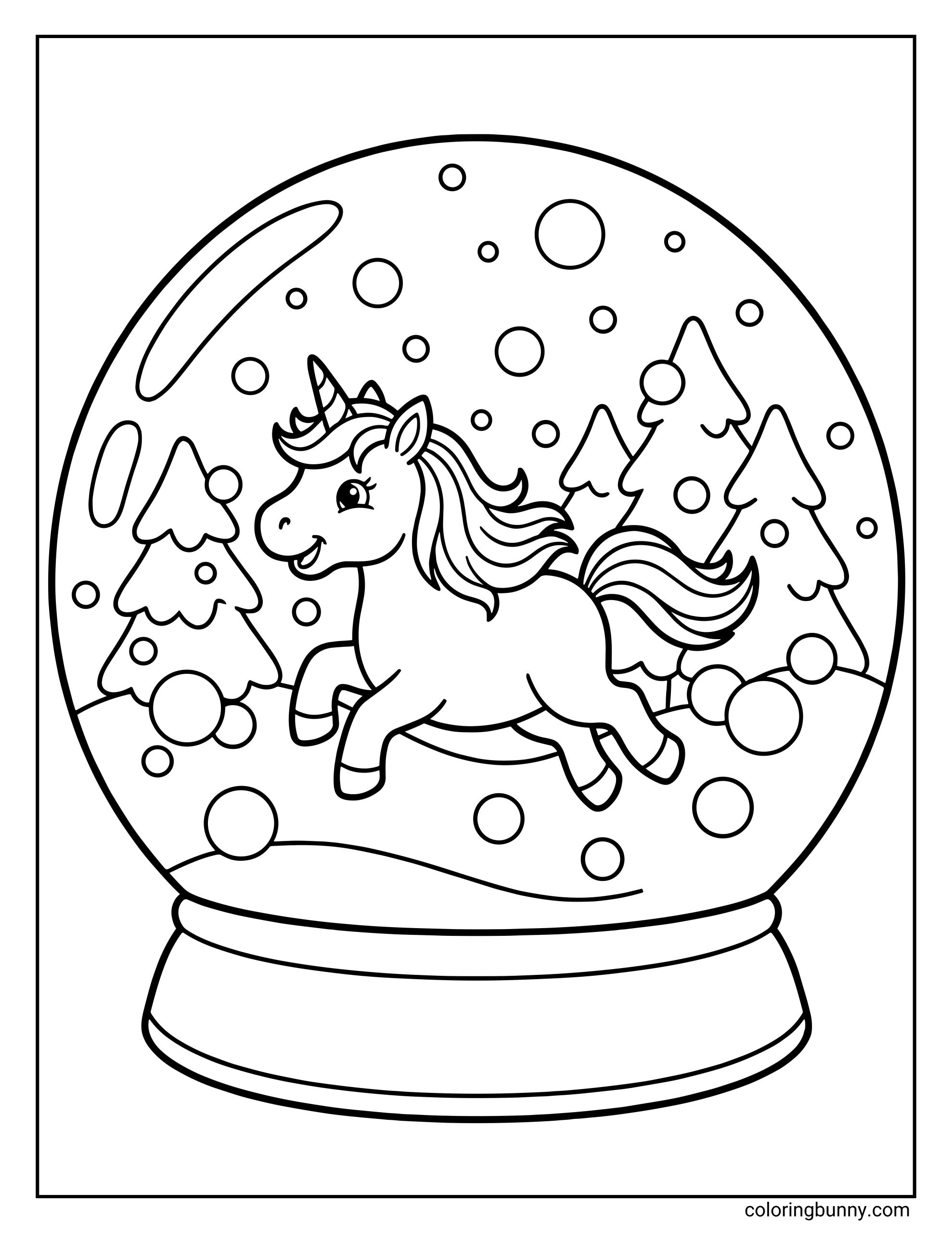 A Unicorn Christmas coloring page featuring a cute unicorn trotting inside a simple snow globe, surrounded by snowy trees and falling snowflakes.