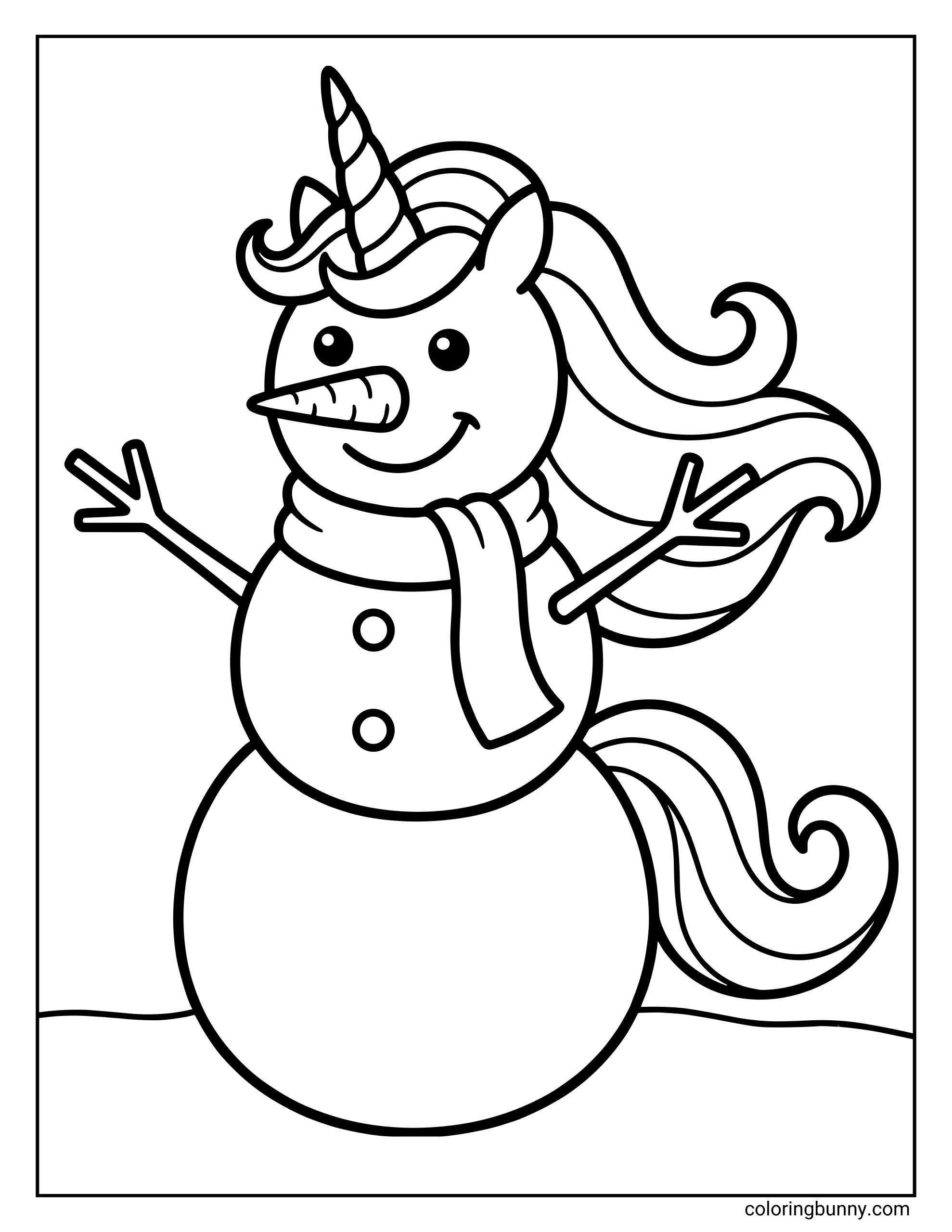 A simple Unicorn Christmas coloring page showing a cheerful unicorn snowman with twig arms, a scarf, flowing mane, and a carrot-style unicorn horn.