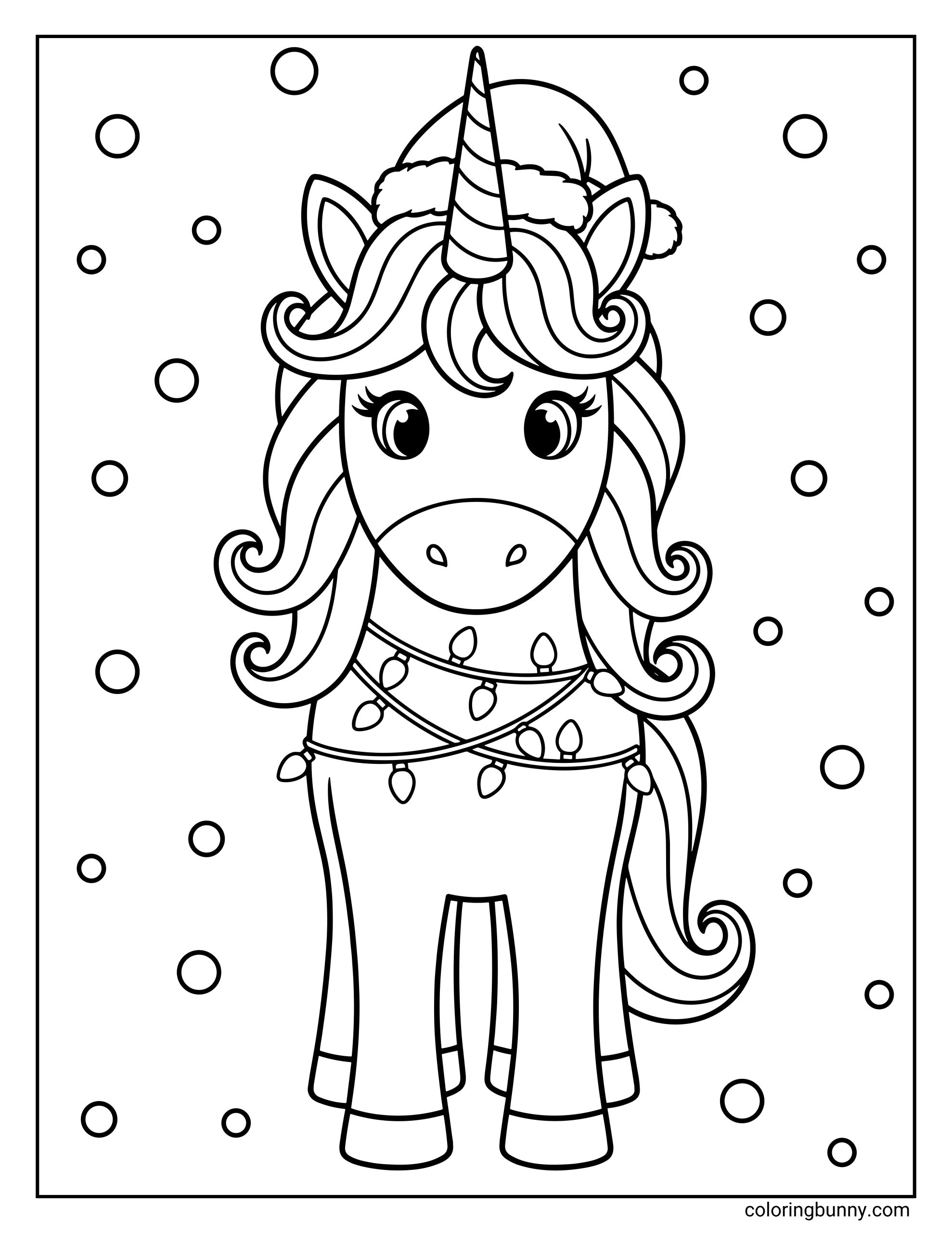 A Unicorn Christmas coloring page featuring a cute unicorn in a Santa hat wrapped in glowing Christmas lights, standing in falling snow.
