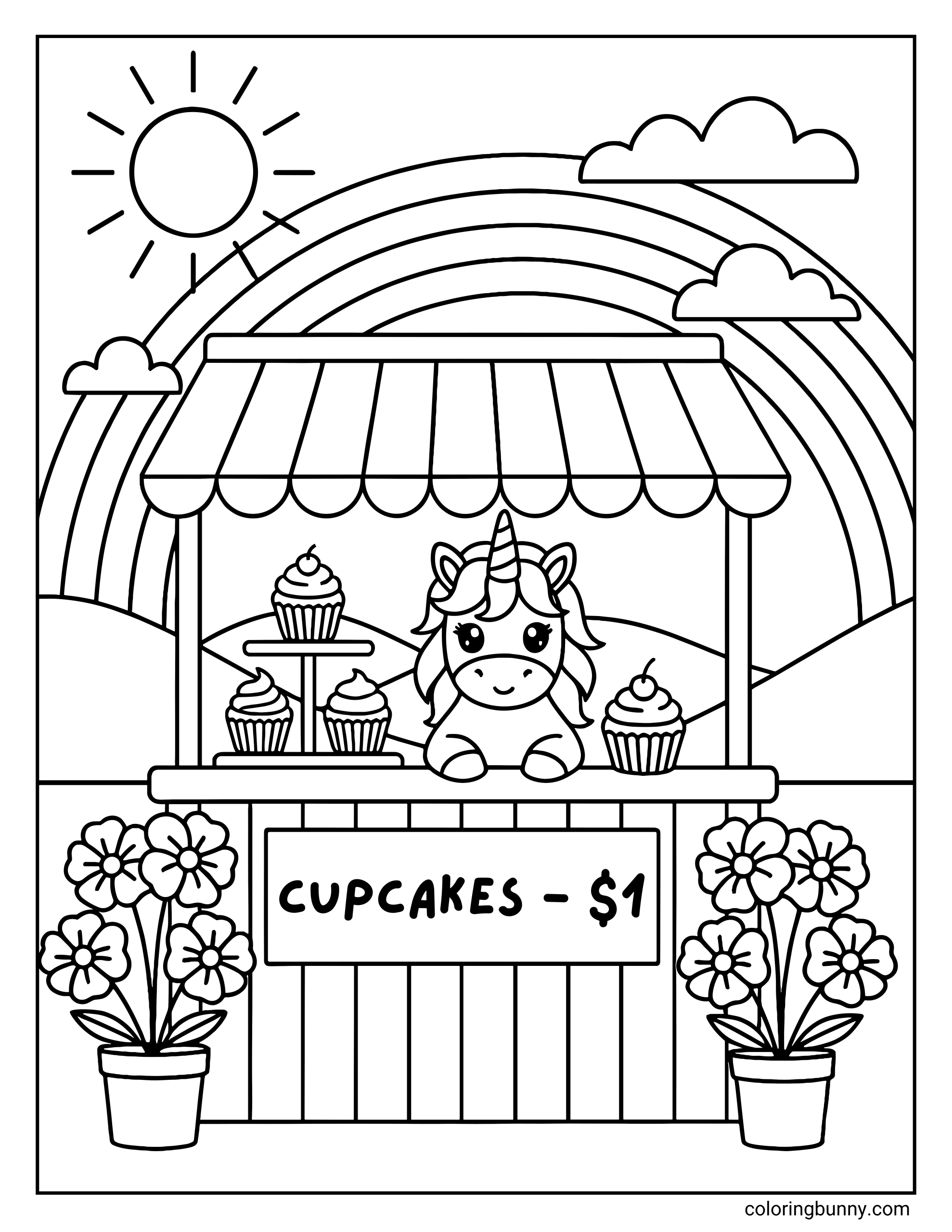 A fun coloring page of a cute unicorn standing behind a cupcake stall with a striped awning. The scene features a rainbow, a bright sun, potted flowers, and a sign that reads "CUPCAKES - $1".