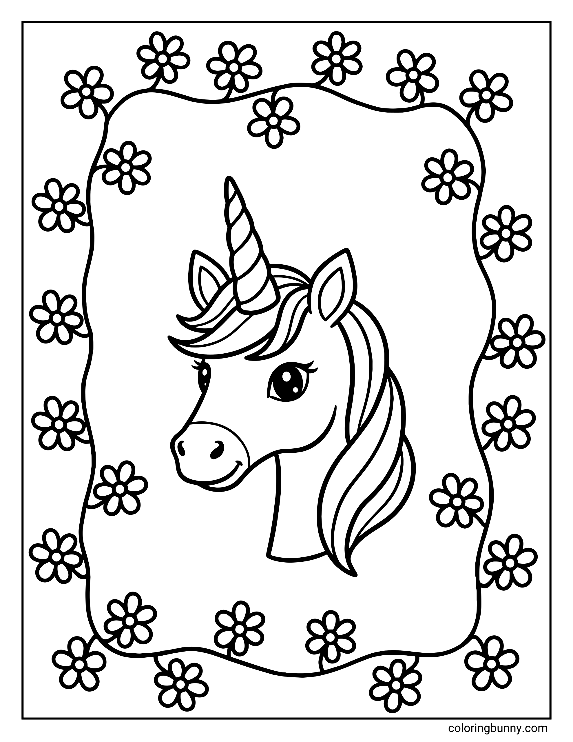 A coloring page of a smiling unicorn head with a flowing mane, framed by a wavy border surrounded by simple flowers.