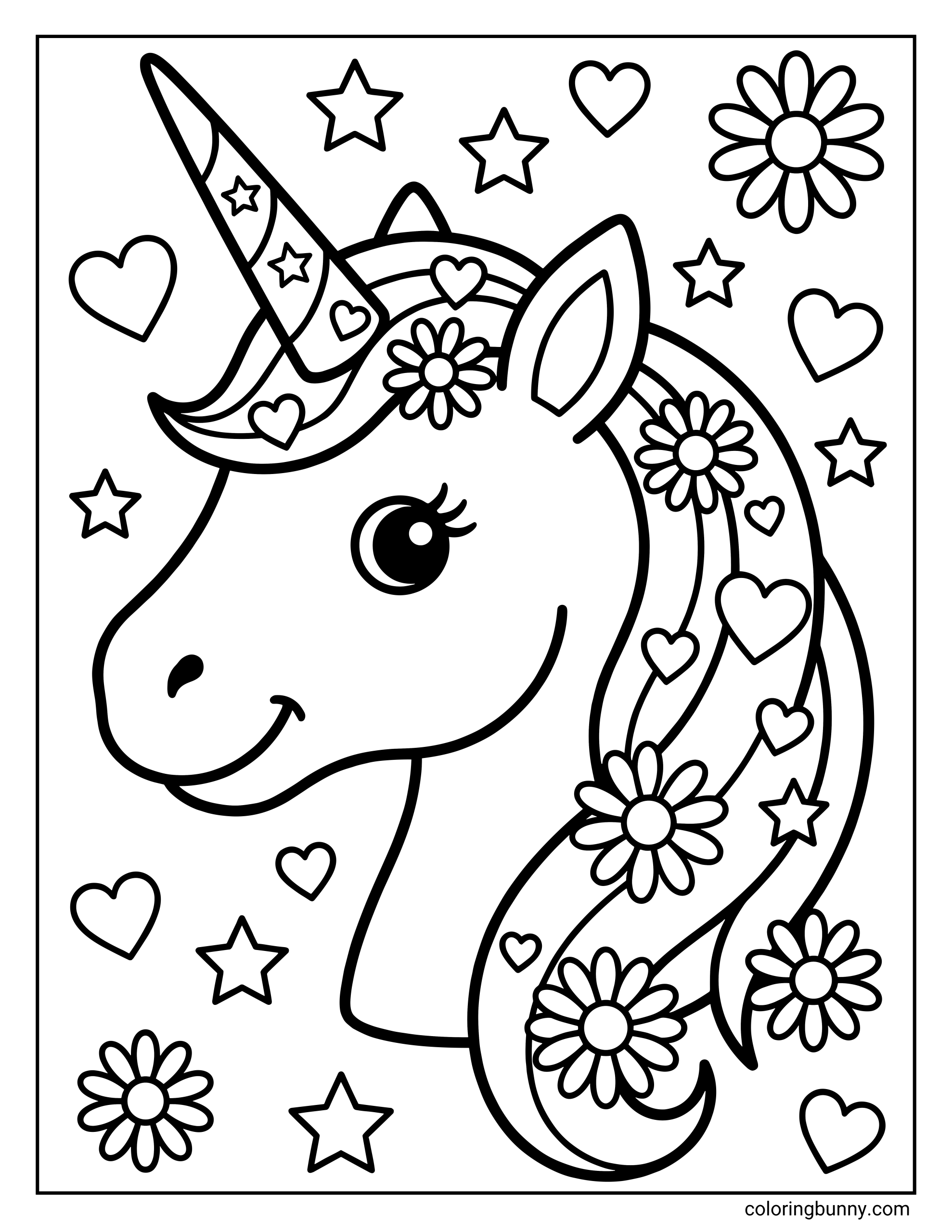 A coloring page of a unicorn head in profile, decorated with flowers and hearts in its mane and stars on its horn. The background is filled with floating stars, hearts, and flowers.