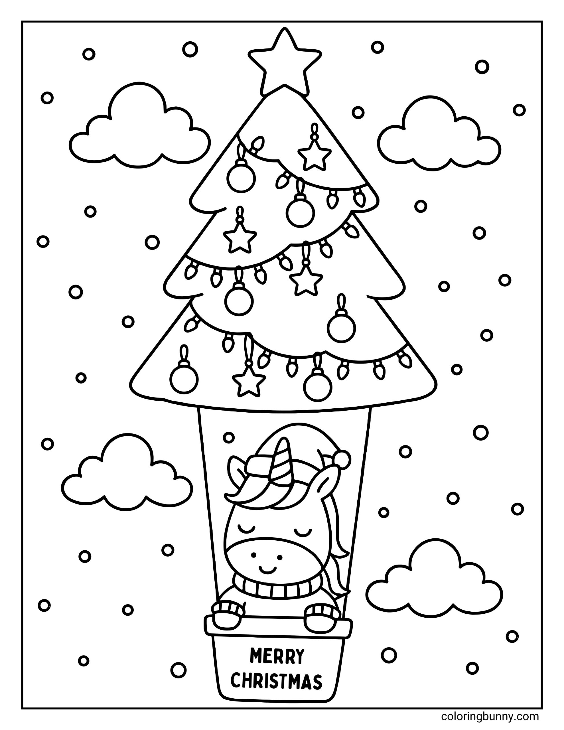 A Unicorn Christmas coloring page featuring a unicorn riding in a hot air balloon shaped like a decorated Christmas tree.