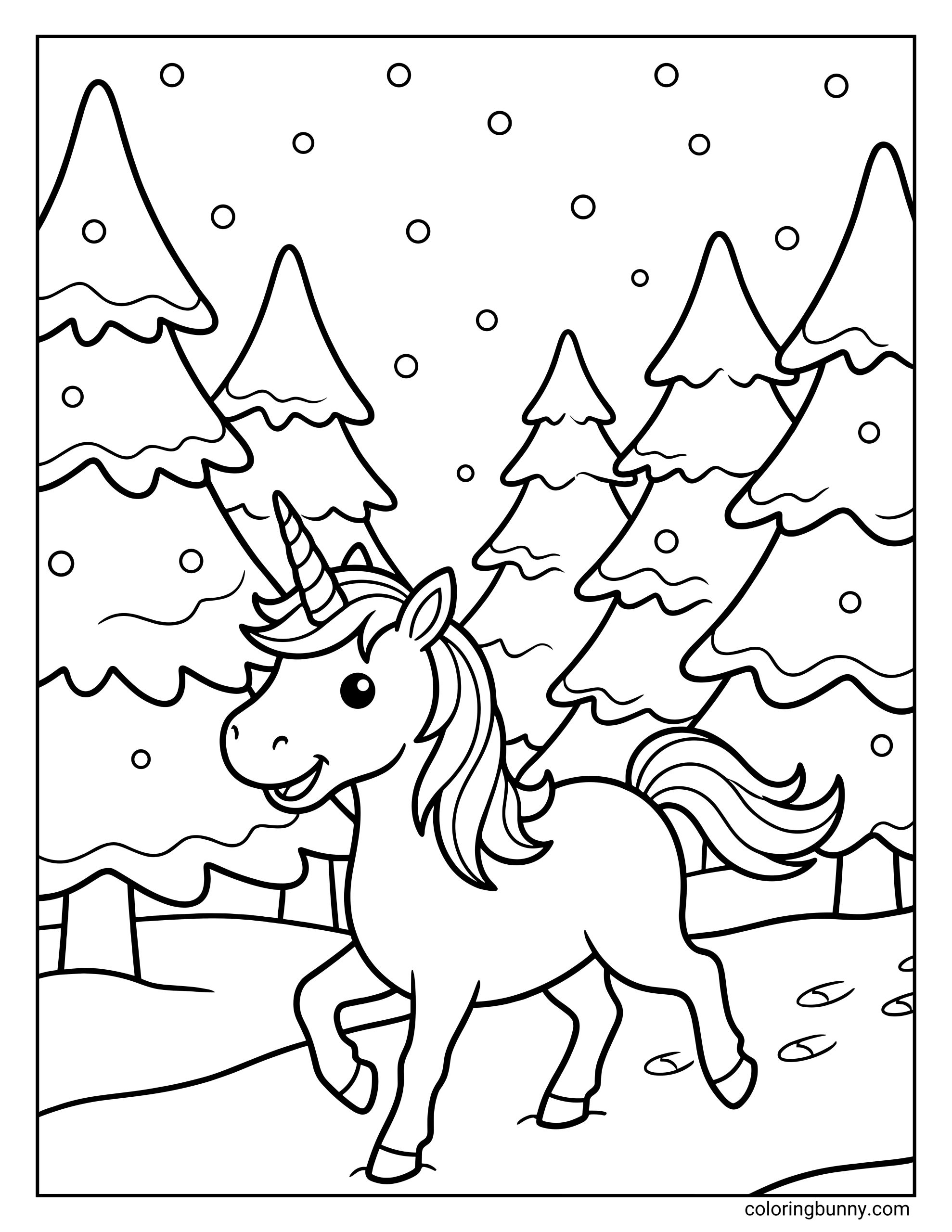 A Unicorn Christmas coloring page showing a happy unicorn trotting through a snowy forest of pine trees.