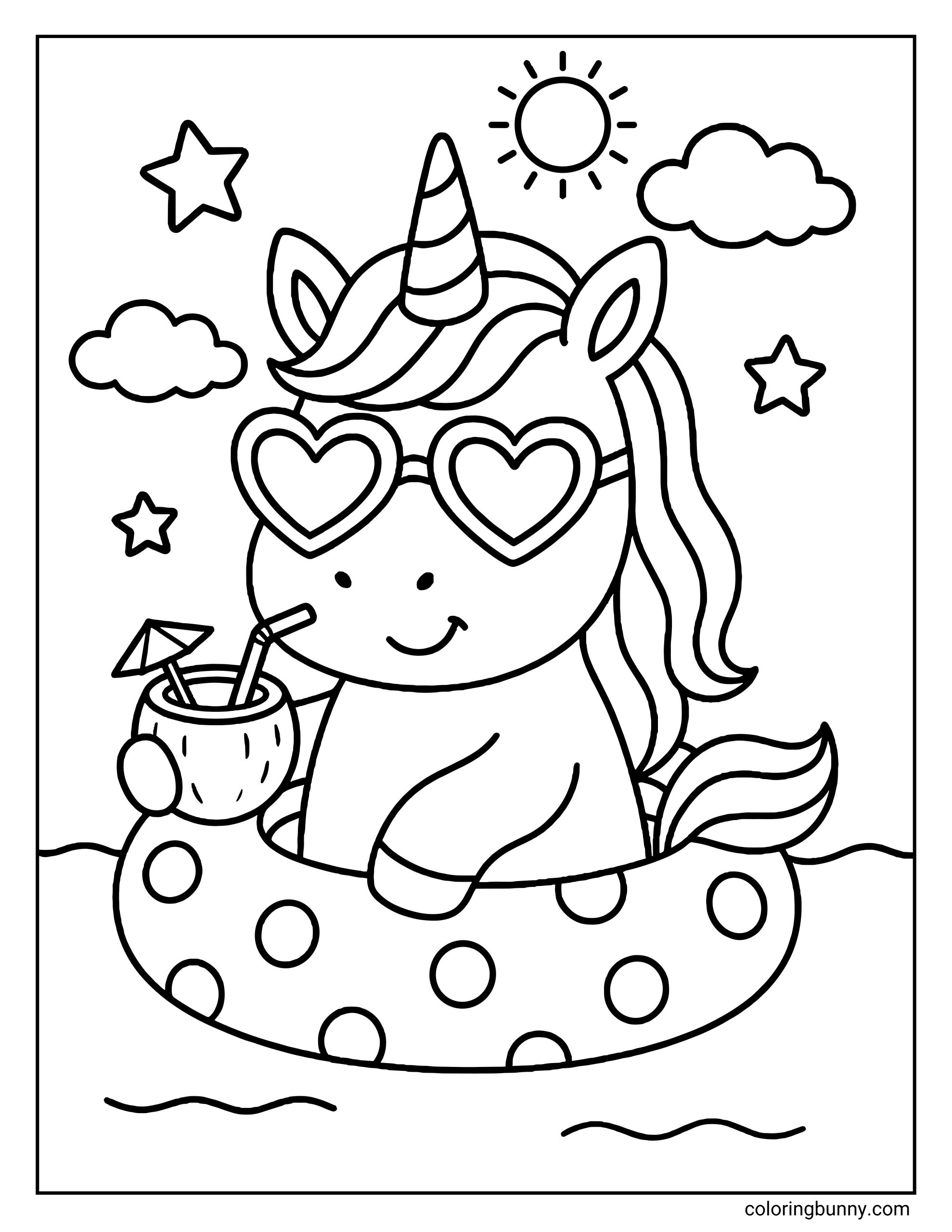 A coloring page of a cute unicorn floating in the water in a spotted pool ring. The pony wears heart-shaped sunglasses and holds a coconut drink with a straw, surrounded by a sun, clouds, and stars.