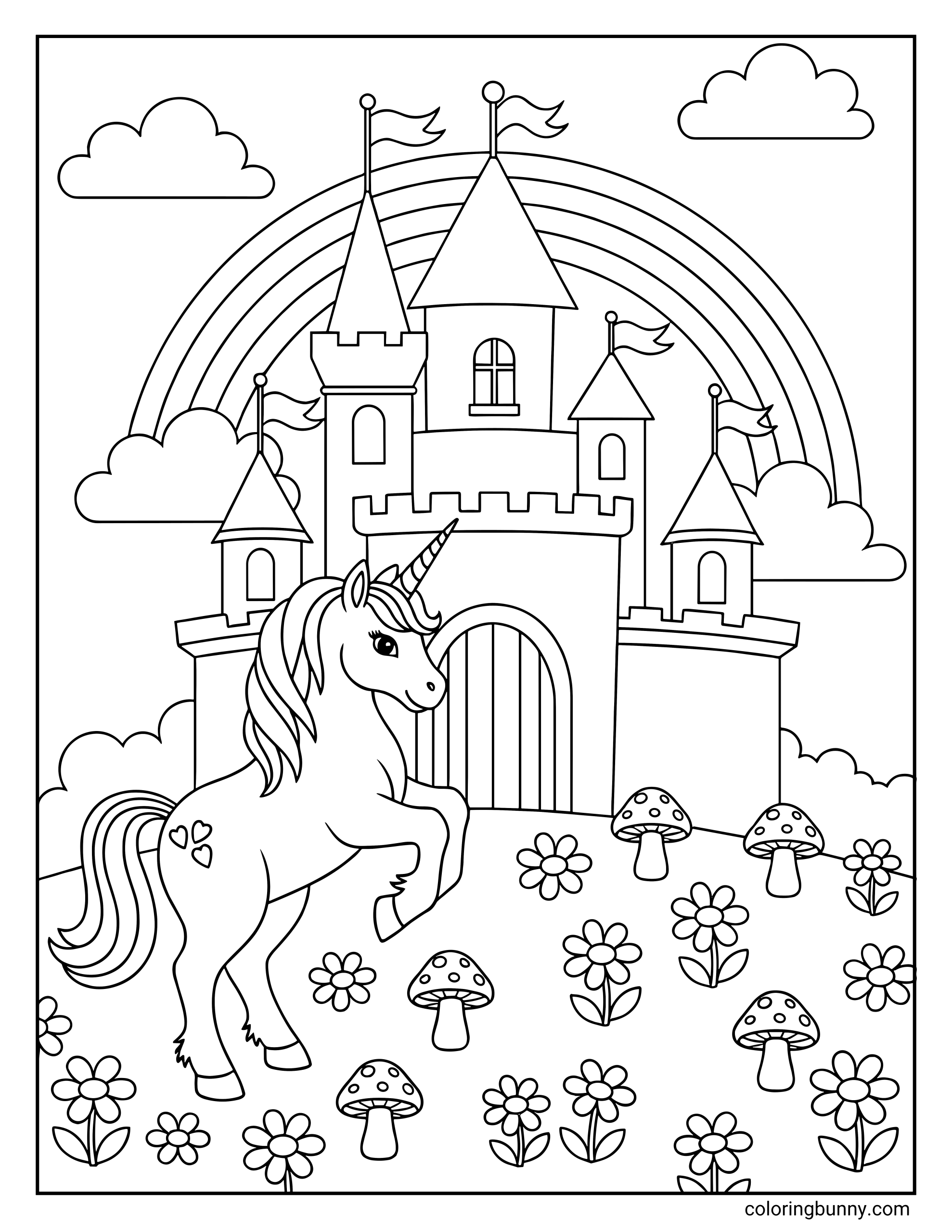 A fun coloring page of a prancing unicorn standing before a large castle with flags. The background features a rainbow and clouds, while the ground is filled with flowers and mushrooms.