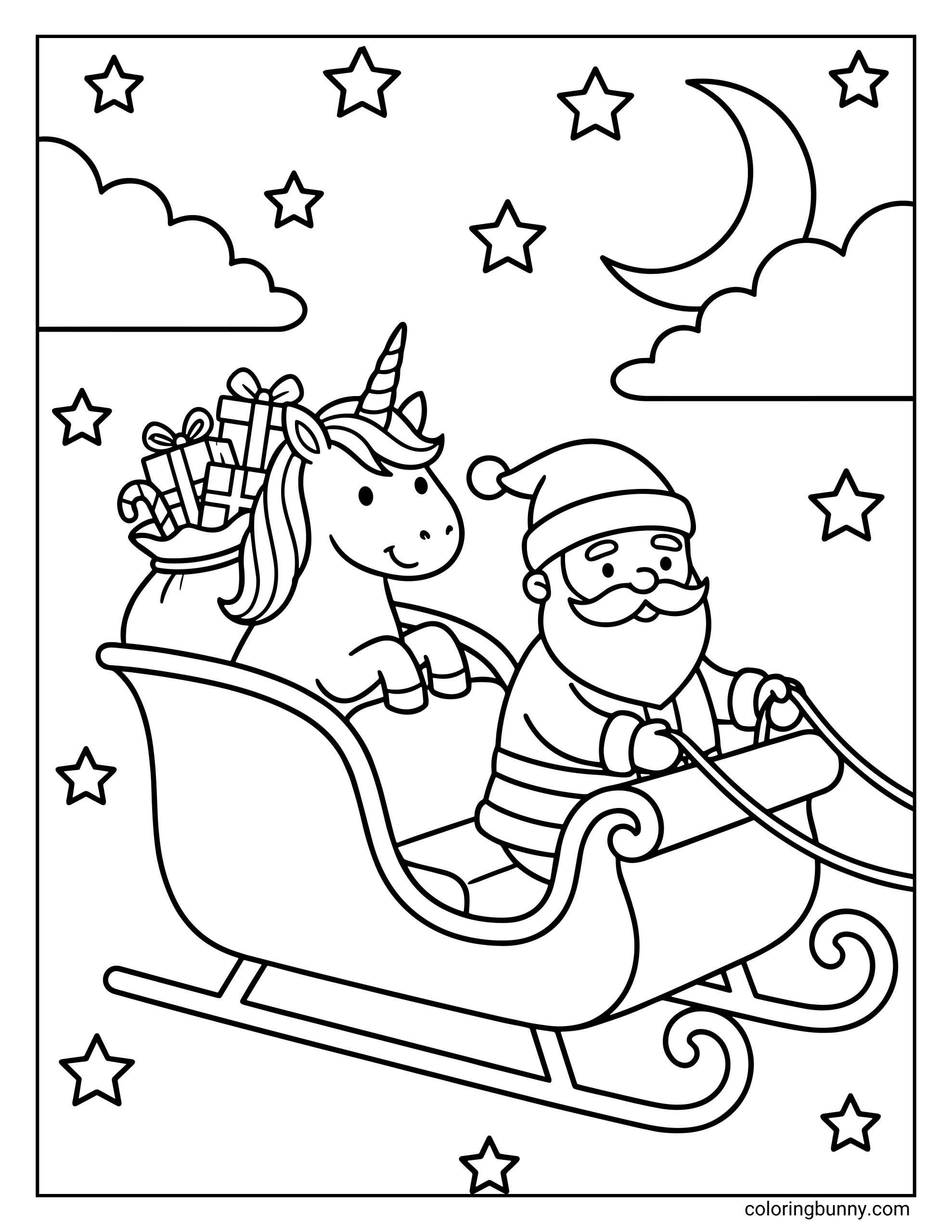 A Unicorn Christmas coloring page showing Santa riding in his sleigh at night with a smiling unicorn sitting behind him, carrying a bag full of presents. Stars, clouds, and a crescent moon fill the sky, all inside a simple border.