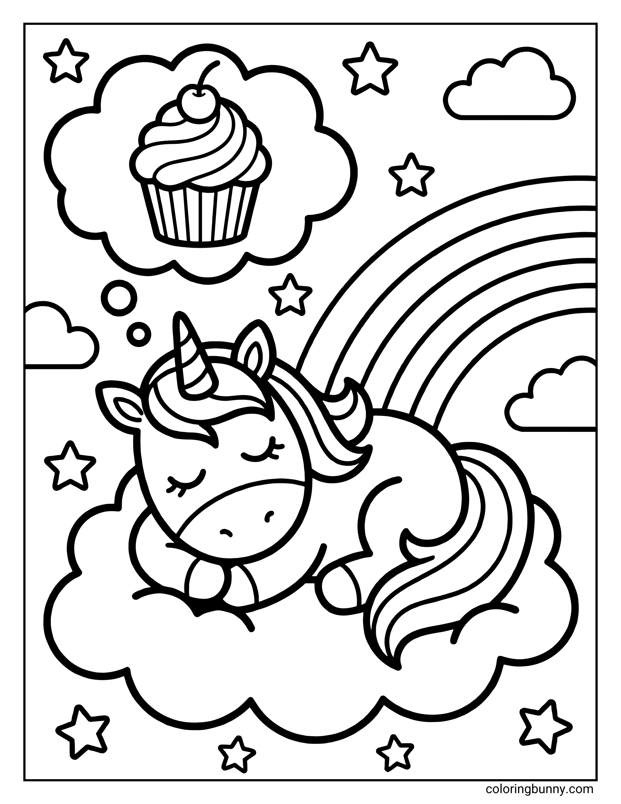 A unicorn coloring page showing a cute pony sleeping on a cloud with a rainbow behind it. A thought bubble above shows the unicorn dreaming of a cupcake with a cherry on top, surrounded by twinkling stars.