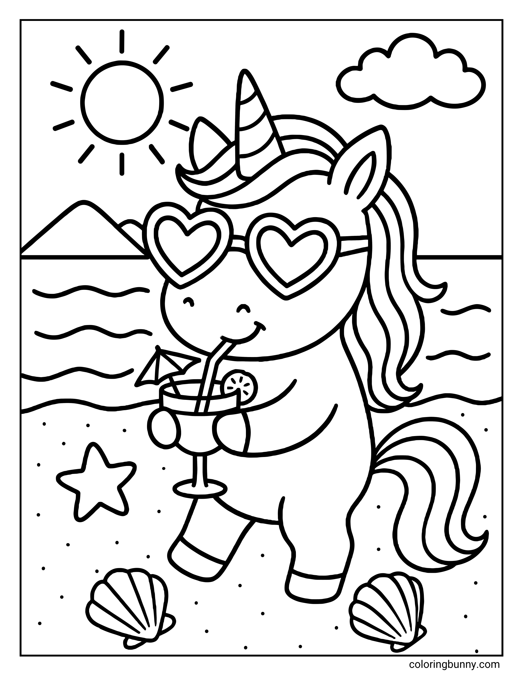 A fun coloring page of a cute unicorn walking on a sandy beach wearing heart sunglasses and holding a drink with an umbrella. The background features a shining sun, ocean waves, seashells, and a starfish.