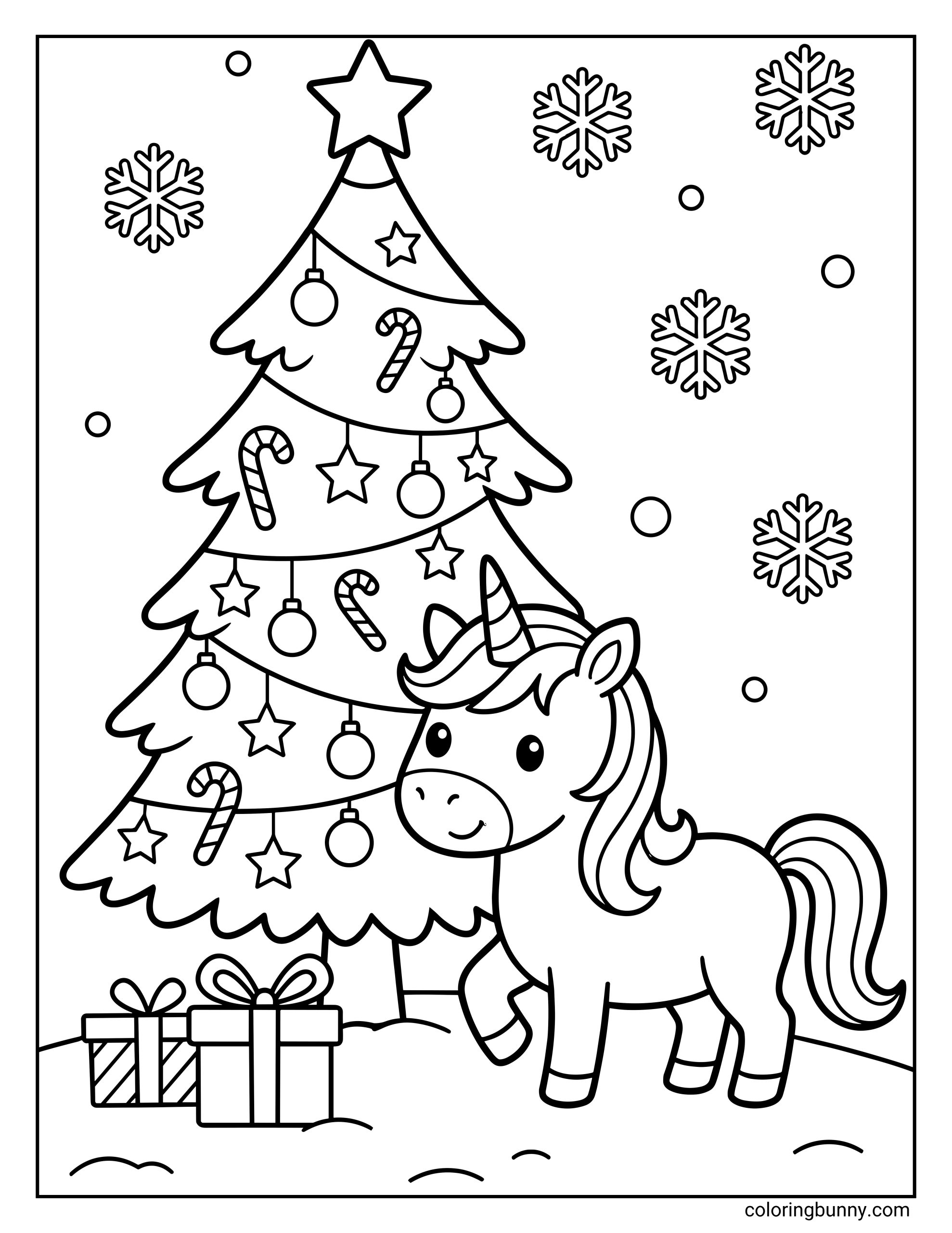 A Unicorn Christmas coloring page featuring a cute unicorn standing beside a decorated Christmas tree with ornaments, candy canes, presents, and falling snowflakes.