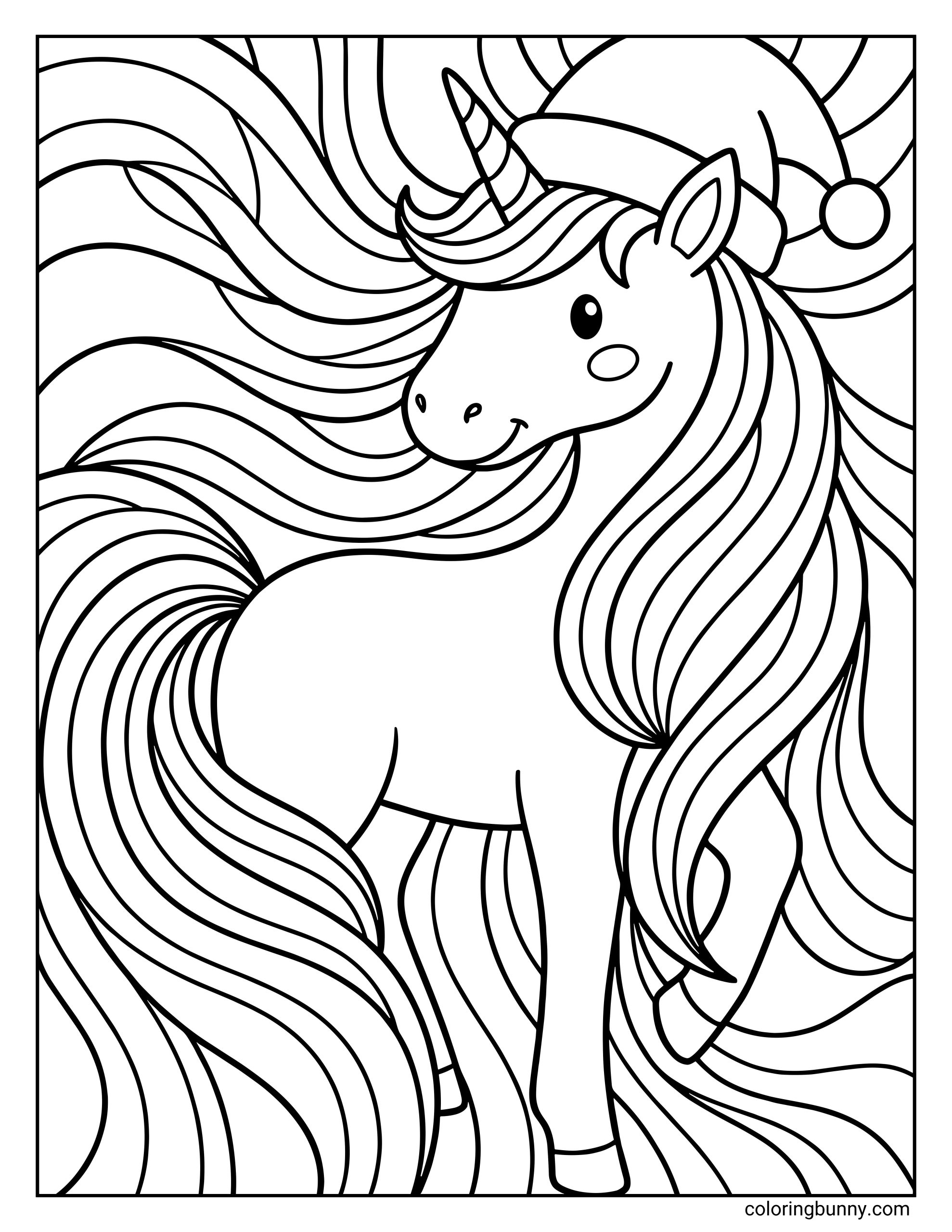 A Unicorn Christmas coloring page featuring a beautiful unicorn wearing a Santa hat, with a long flowing mane and tail creating a swirly, decorative background.