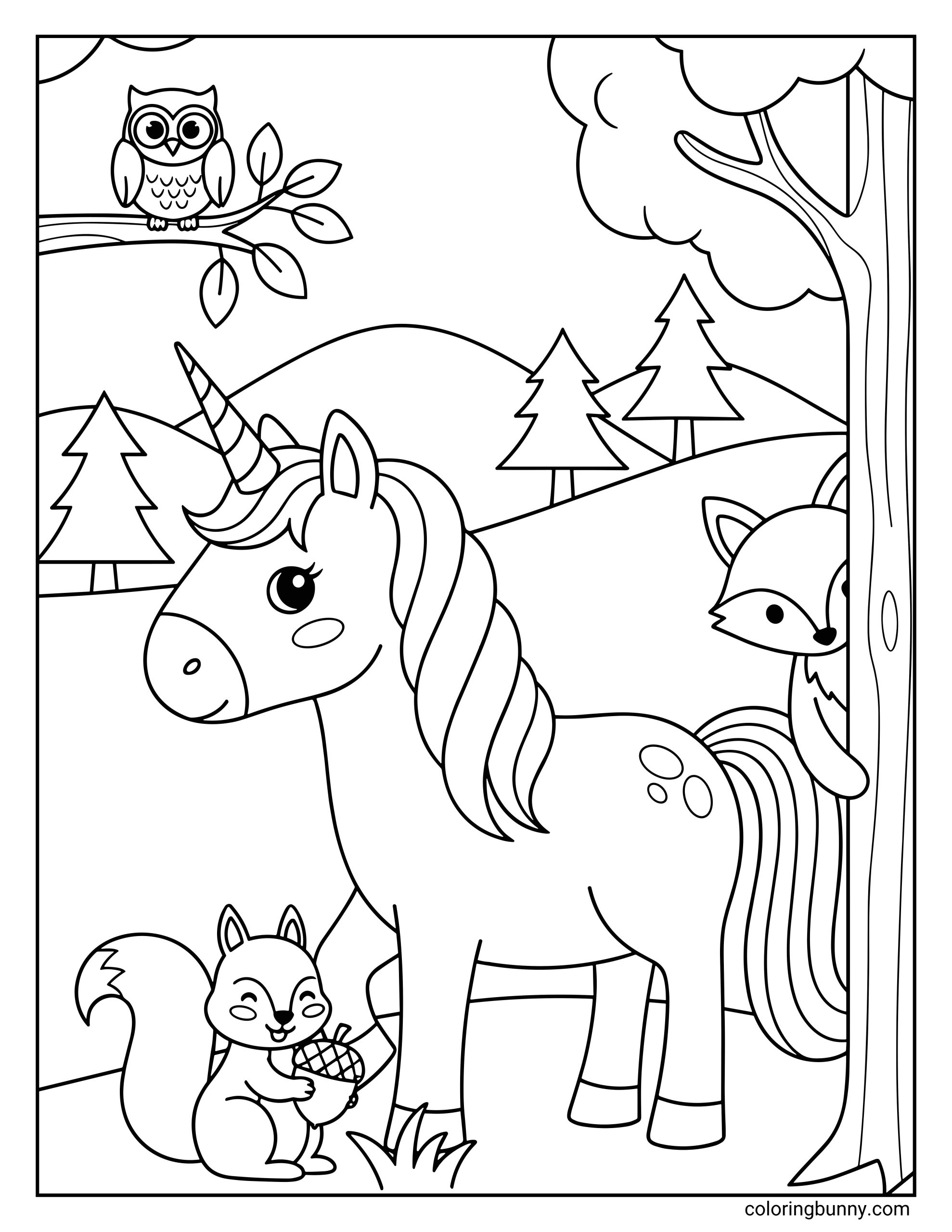 A unicorn coloring page showing a friendly unicorn standing in a woodland scene, with a short spiraled horn, flowing mane, and gentle smile. Around the unicorn are cute forest animals, including a squirrel holding an acorn, a fox peeking from behind a tree, and an owl perched on a branch above. Rolling hills, pine trees, and leafy details complete the cozy forest setting.