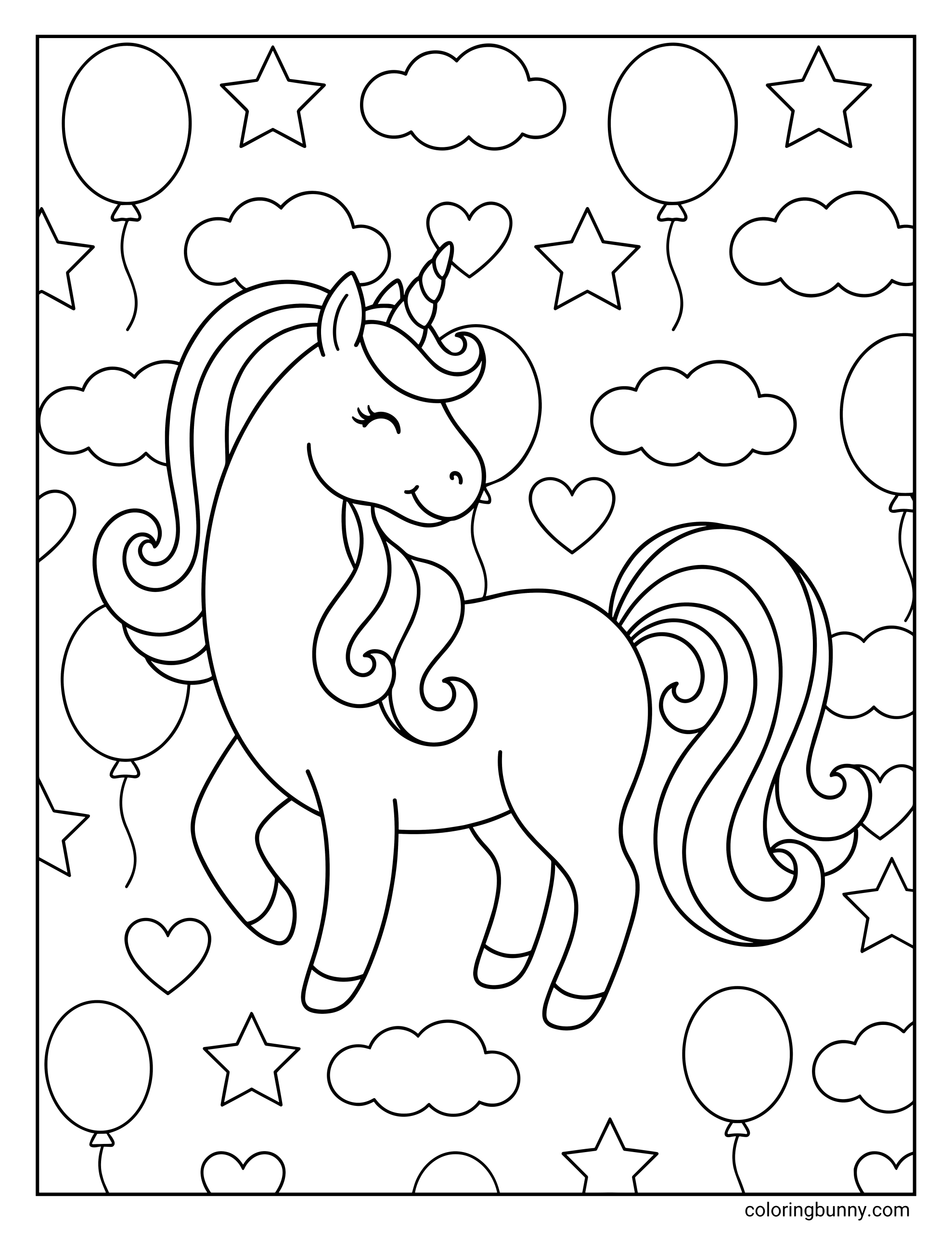 A cheerful unicorn coloring page featuring a happy pony standing in front of a festive background pattern. The scene is filled with floating balloons, twinkling stars, fluffy clouds, and hearts.