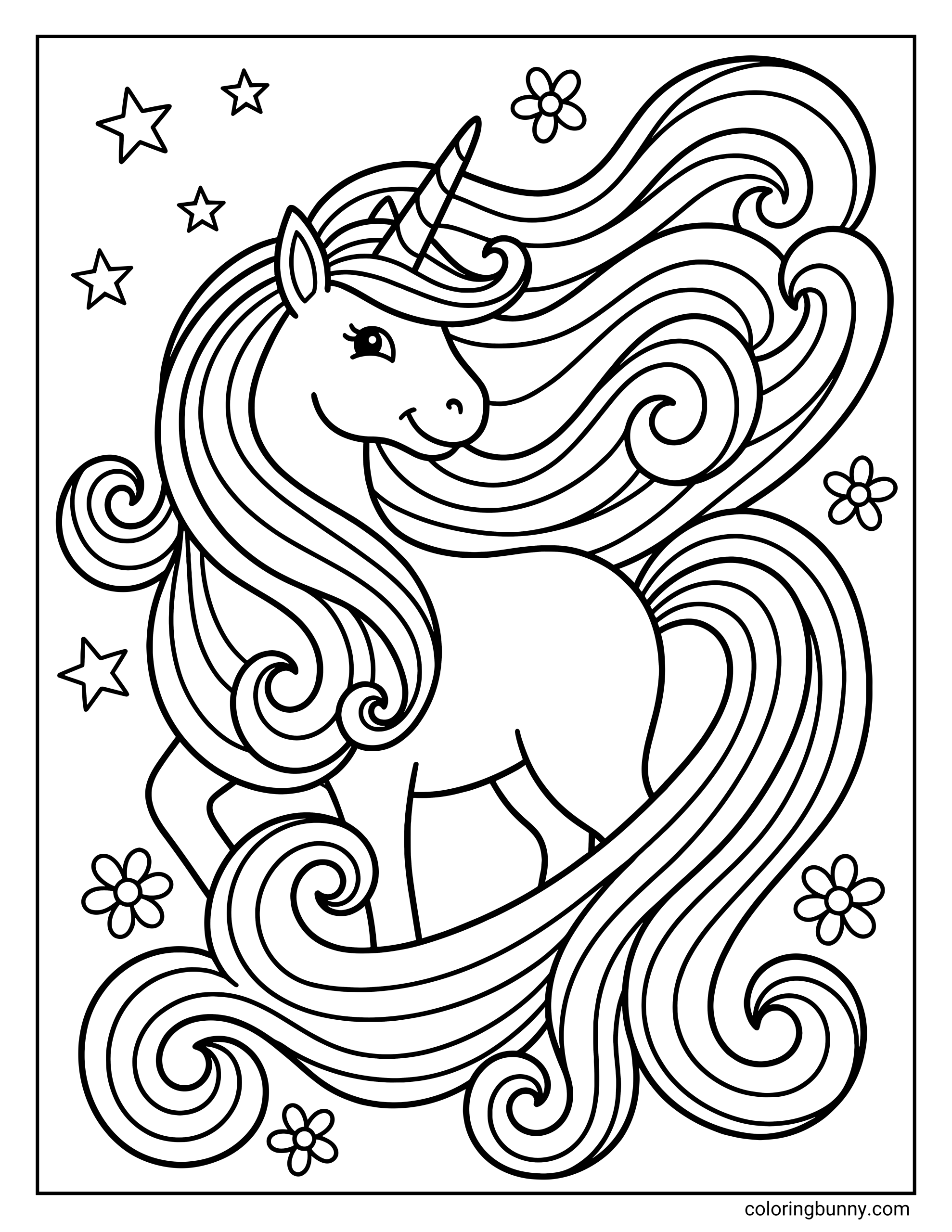 A detailed coloring page of a unicorn with an extremely long, flowing mane and tail that swirls around its hooves. The background features a meadow full of flowers, butterflies, and a castle on a hill.