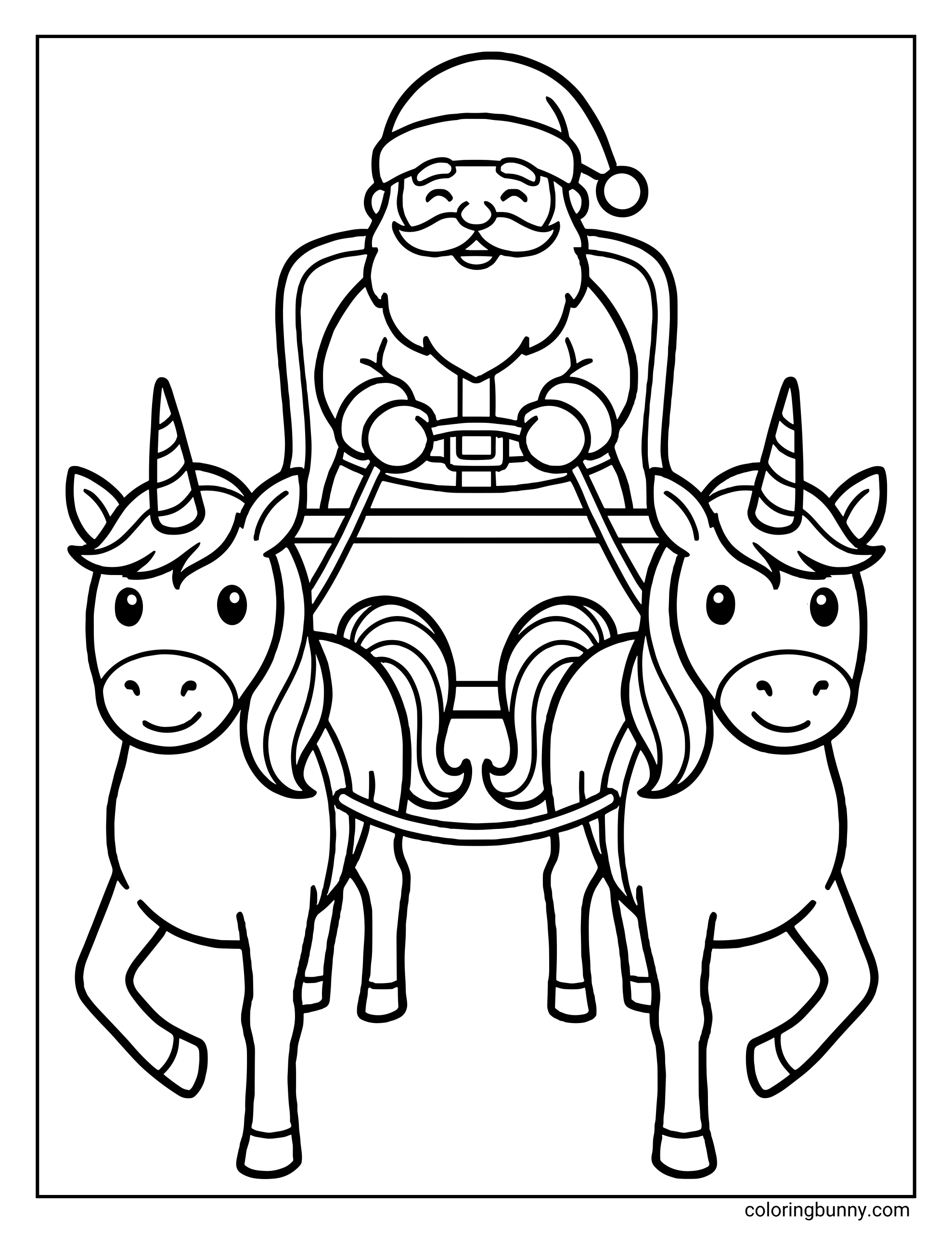 A Unicorn Christmas coloring page with Santa riding in a sleigh pulled by two smiling unicorns with flowing manes and horns.