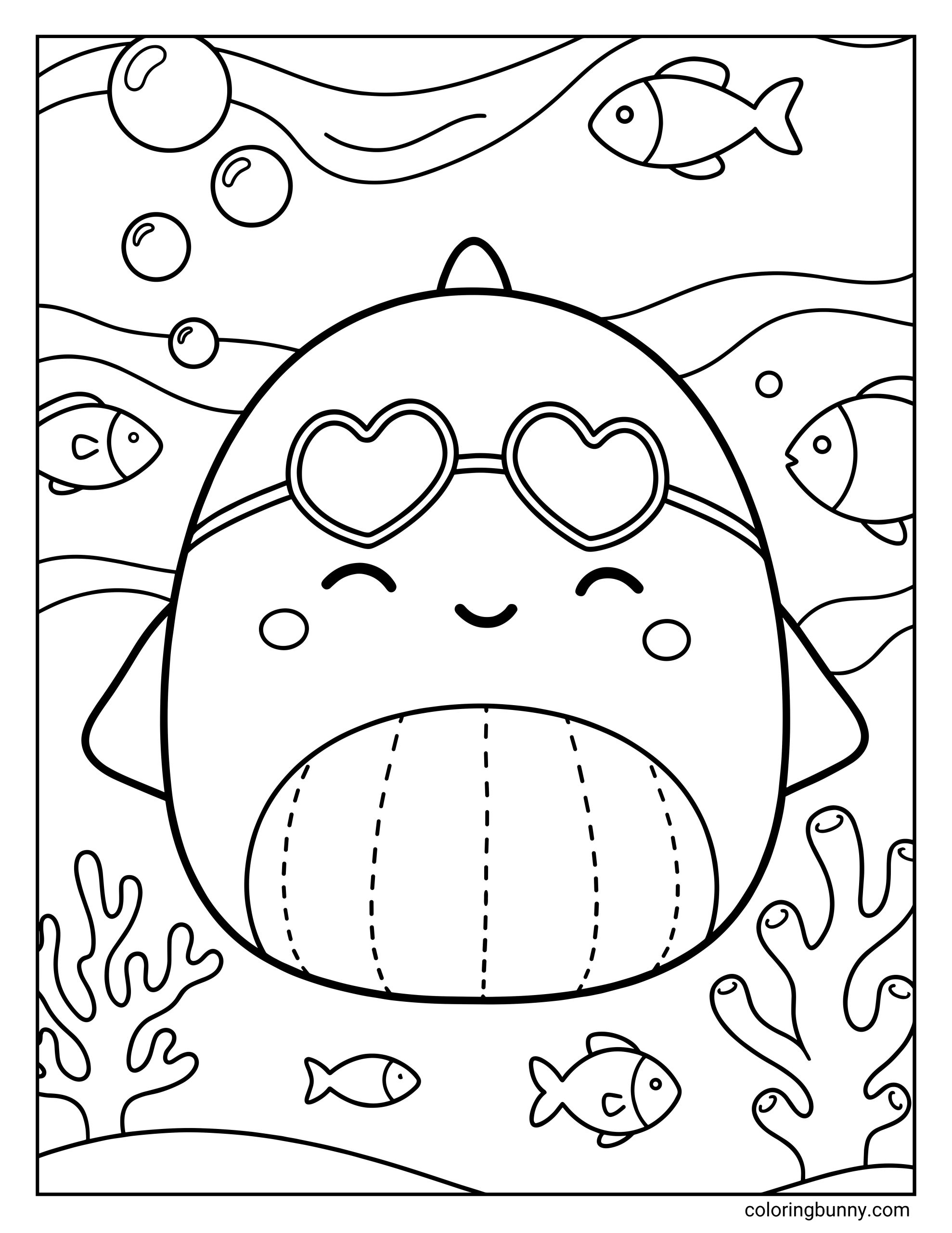 A Squishmallow coloring page of Val the Whale smiling underwater while wearing heart-shaped goggles. The scene includes floating fish, bubbles, and coral details, creating a playful ocean setting.