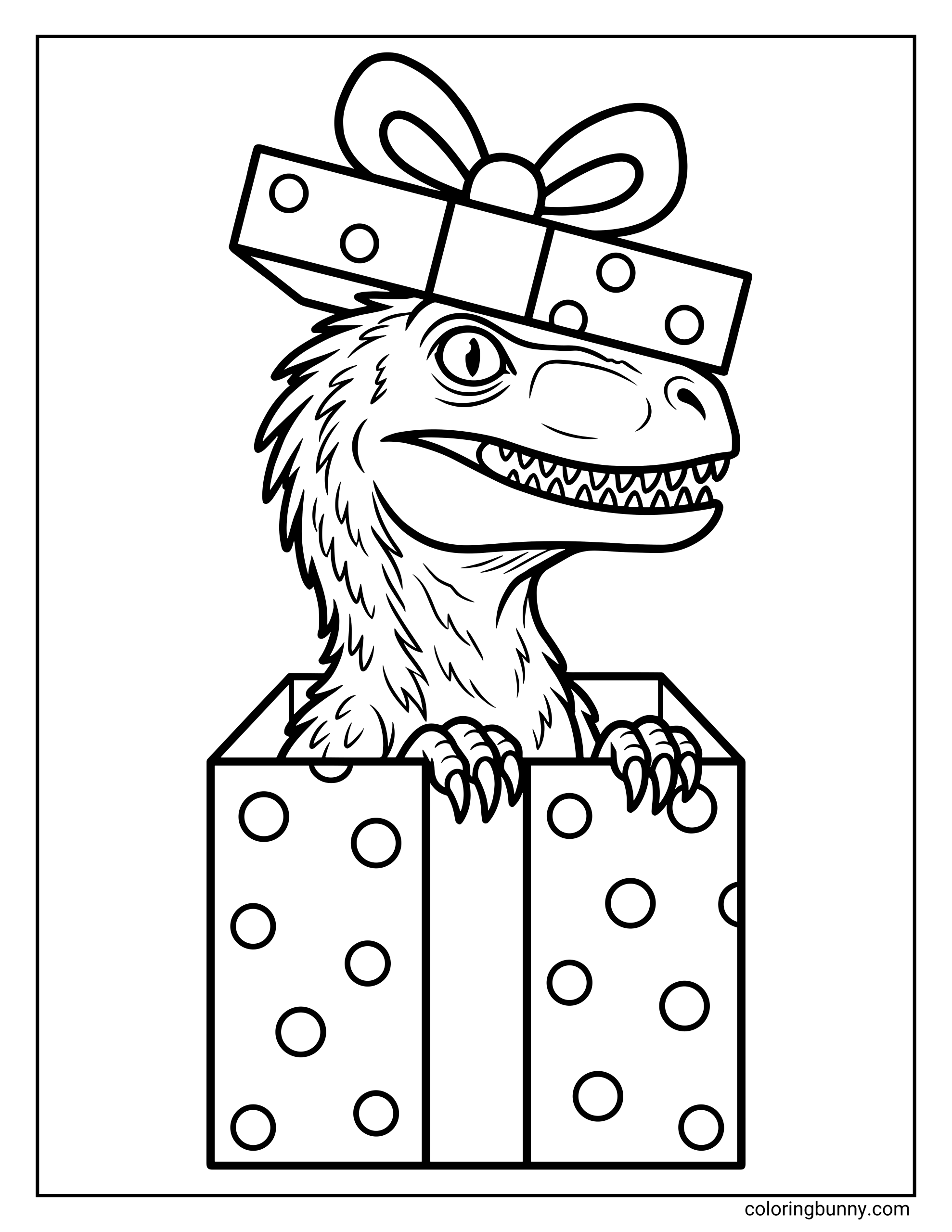 A simple Christmas coloring page where a Velociraptor pops out of a polka-dot gift box with a big bow on top.
