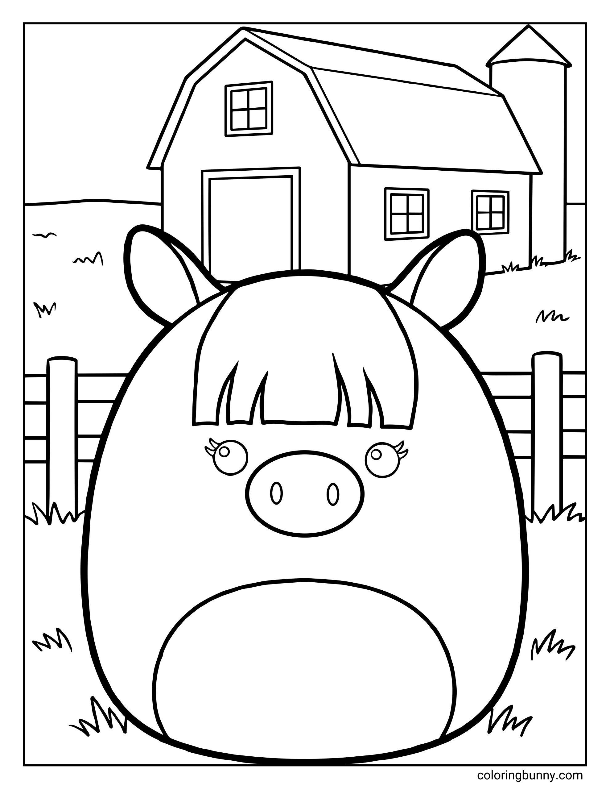 A Squishmallow coloring page of Veronica the Shetland pony standing in front of a farm scene, with a barn, fence posts, and grassy fields in the background. The pony has a rounded, plush body, small ears, straight-cut bangs, and long eyelashes, creating a calm and friendly farmyard setting.
