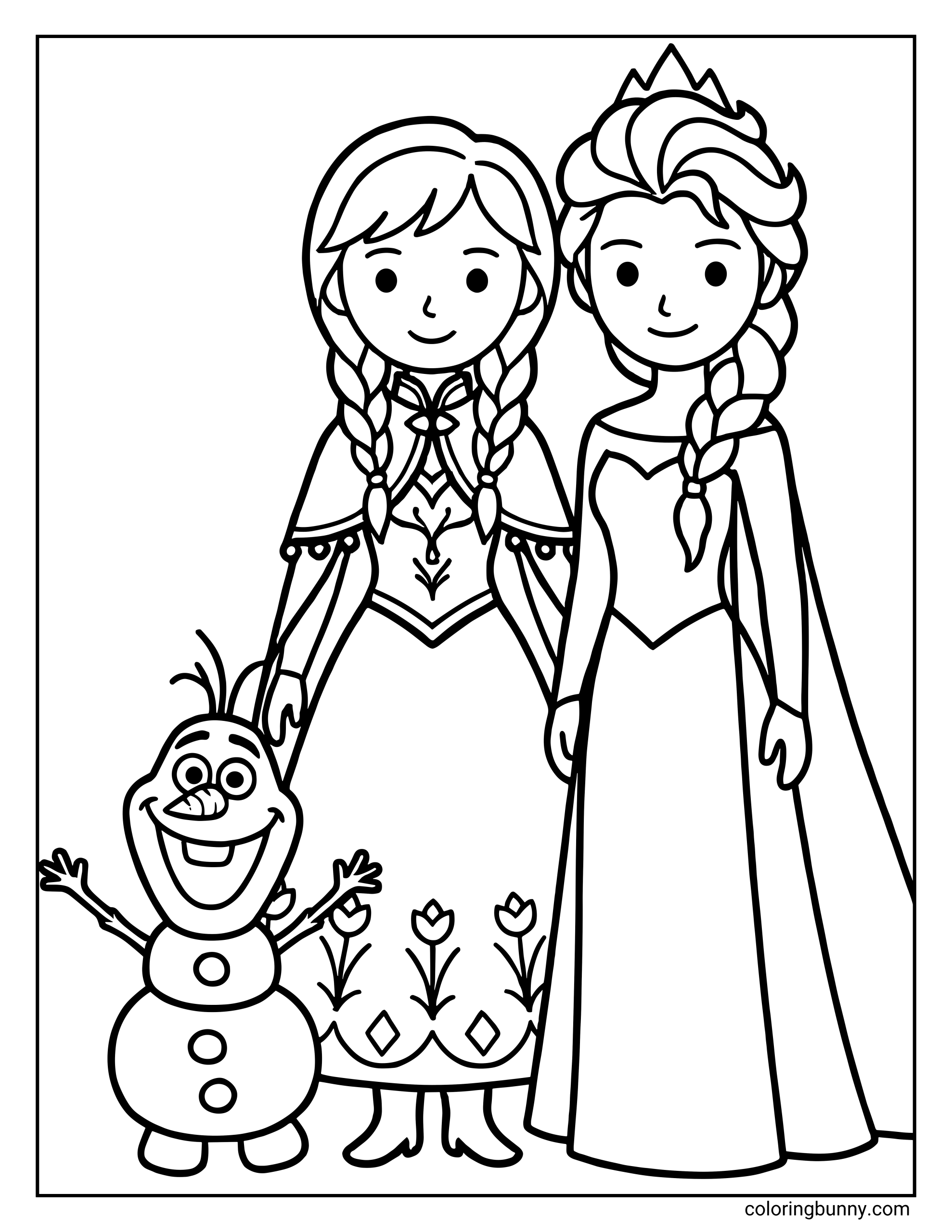 A simple Frozen-style coloring page featuring Anna and Elsa standing side by side in their dresses, with Olaf smiling and waving in front of them, drawn in a clean, easy-to-color style.
