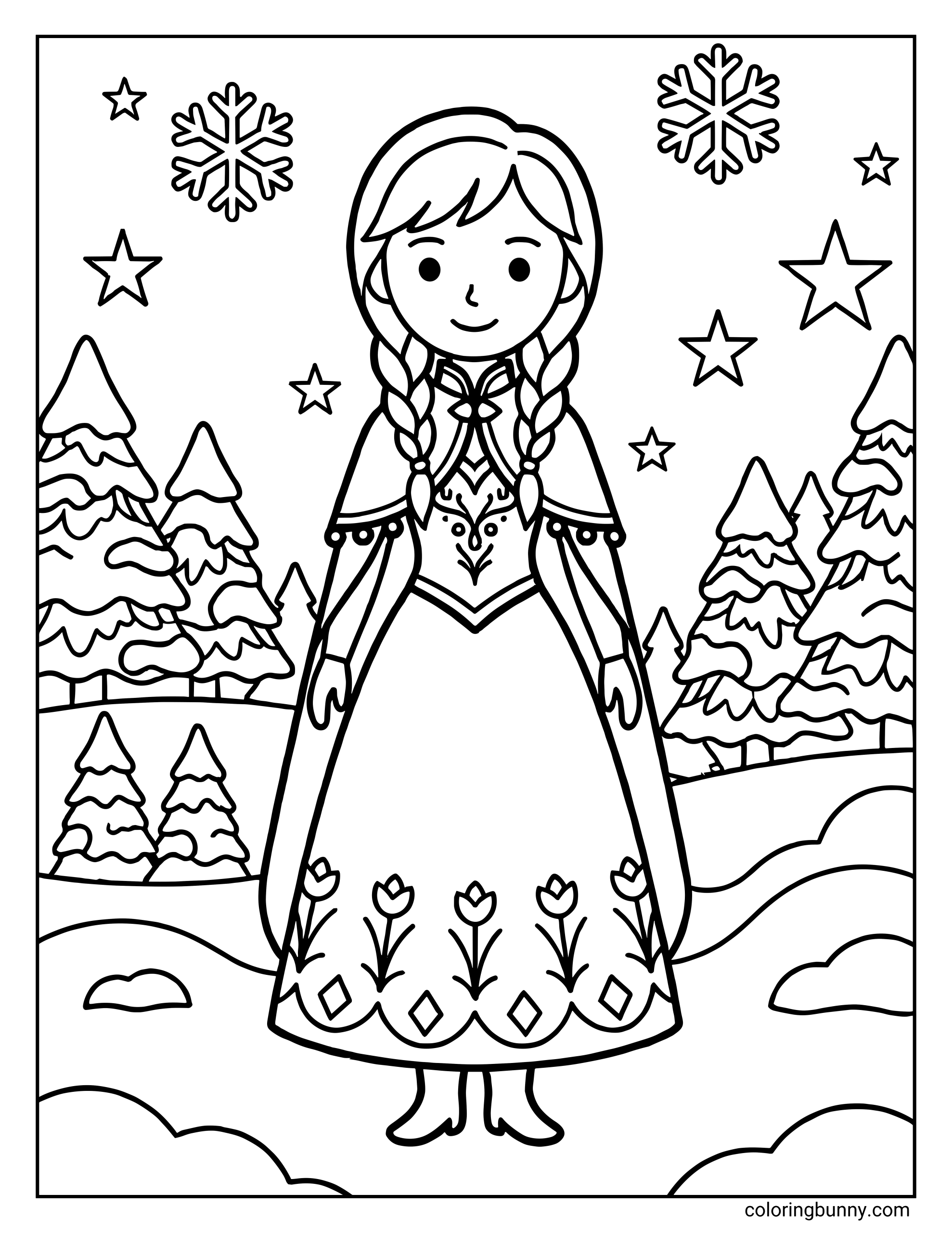 A very simple Disney Princess Christmas coloring page featuring Anna from Frozen standing in a snowy winter landscape, wearing her dress with braided hair, surrounded by snow-covered trees, stars, and falling snowflakes.