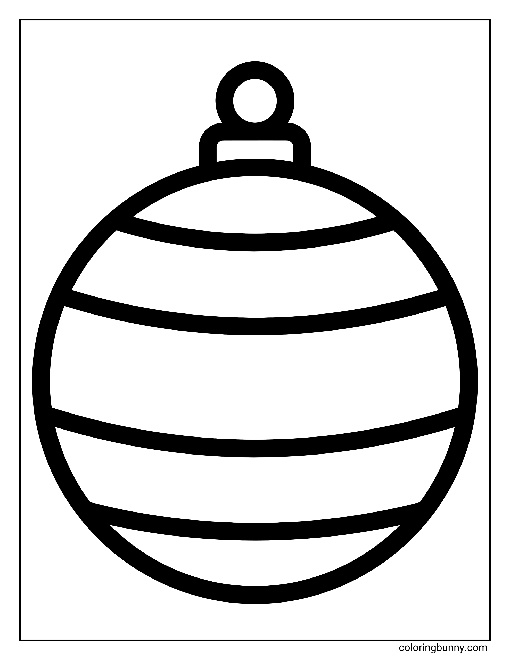 A simple Christmas coloring sheet featuring one large, round bauble with thick horizontal stripes across the middle.