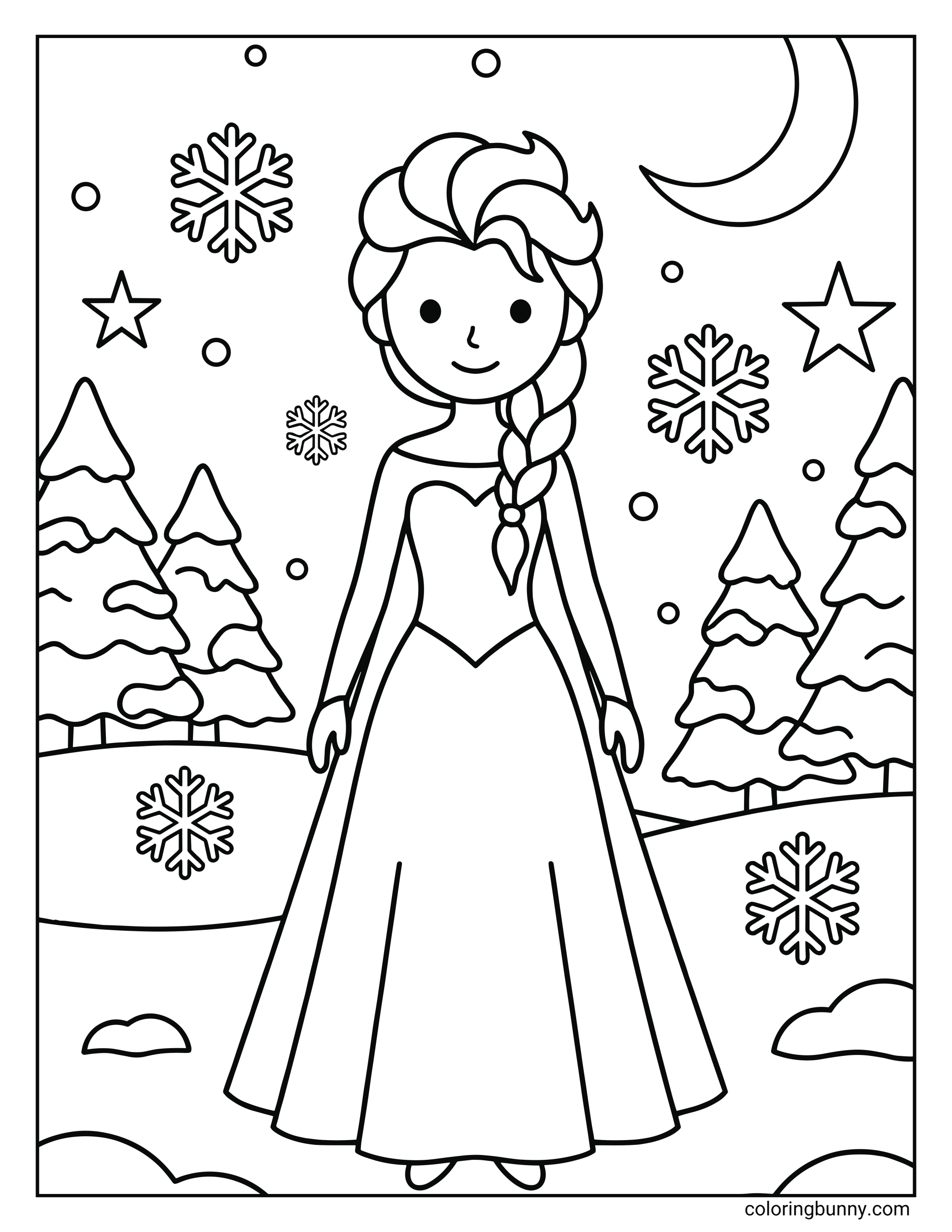 A very simple Disney princess Christmas coloring page featuring Elsa from Frozen standing in a snowy winter scene, wearing her long dress with a side braid, surrounded by snowflakes, stars, a crescent moon, and snow-covered trees.