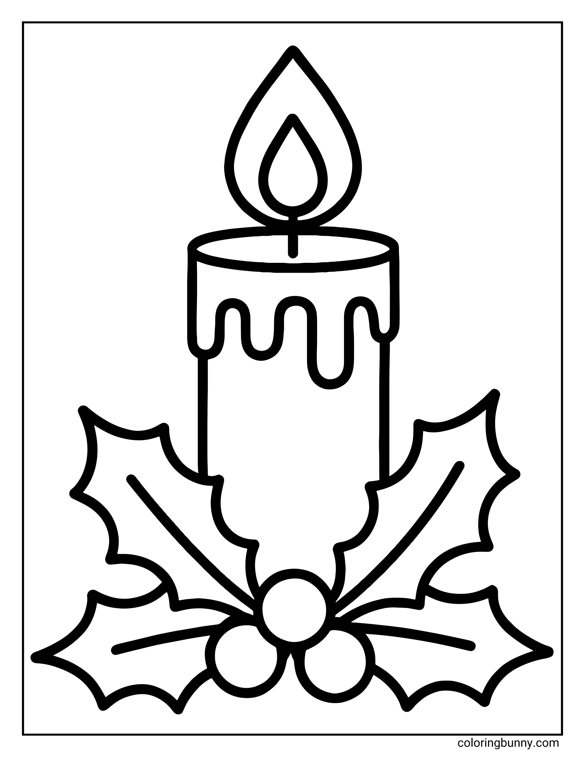 An easy festive Christmas candle coloring page featuring a thick pillar candle with melting wax and a flame, sitting on a bed of holly leaves and berries.