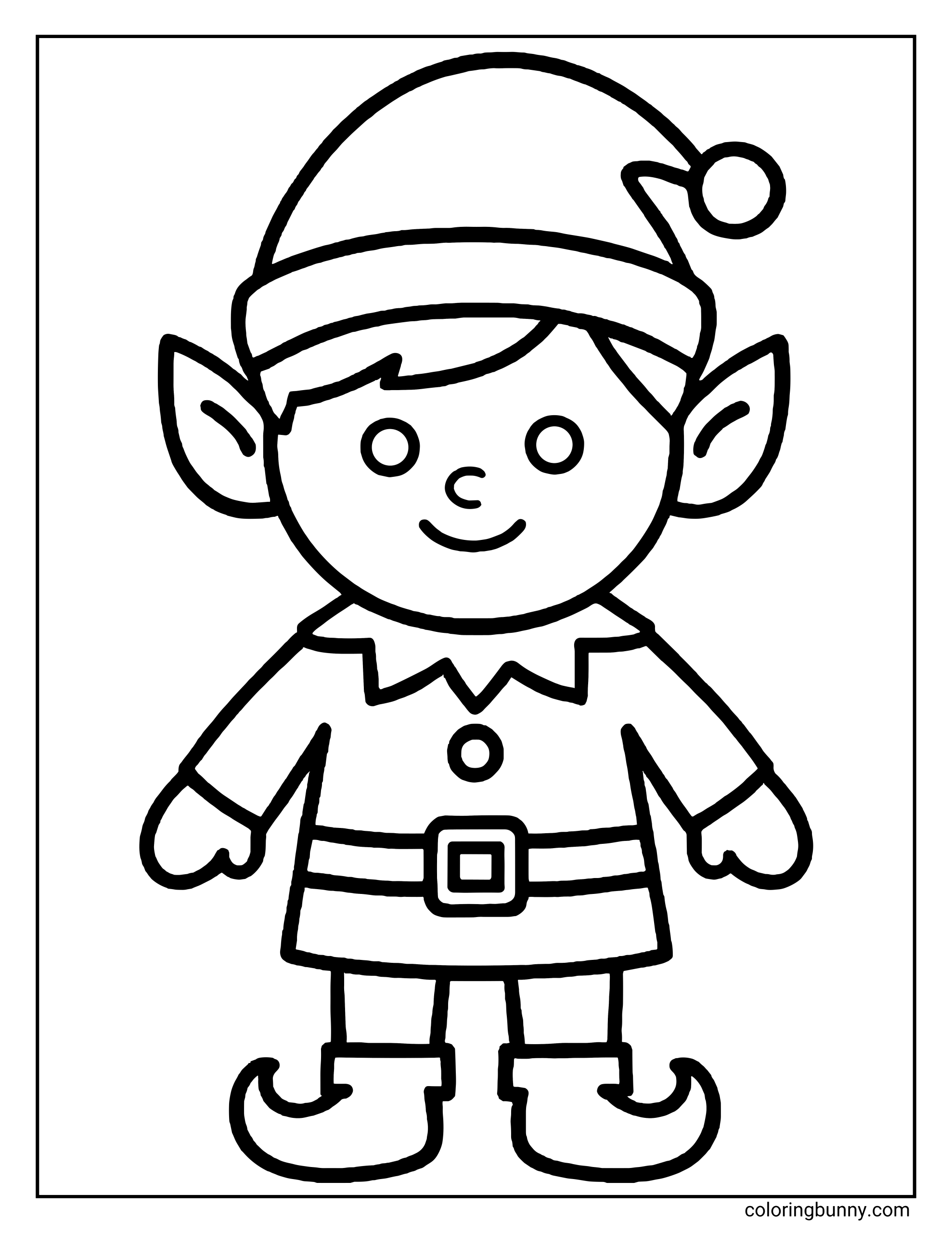 A simple Christmas elf coloring page showing a smiling helper standing tall, wearing a pointy hat, a tunic with a belt, and curly-toed shoes.
