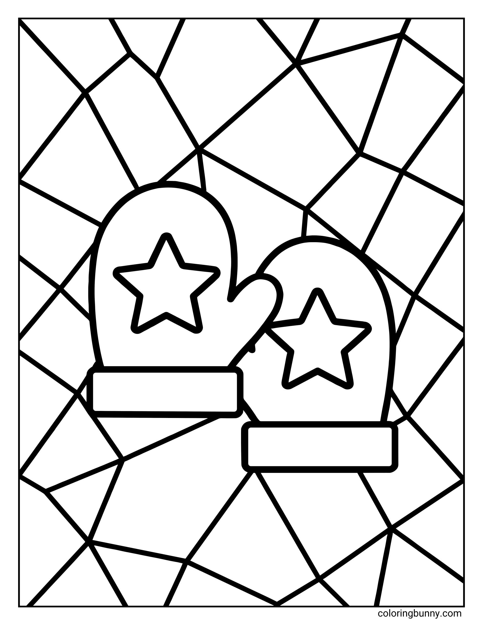 A simple geometric style Christmas coloring sheet showing two mittens with stars on the back, surrounded by a mosaic pattern of irregular shapes to color in.