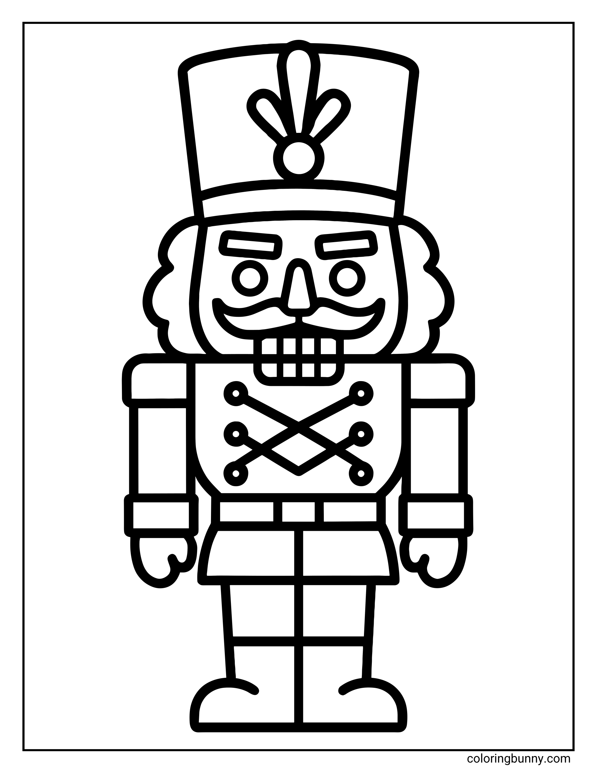 An easy coloring page of a Christmas nutcracker soldier standing at attention, wearing a tall hat with a plume, a fancy uniform with crossed straps, and big black boots.