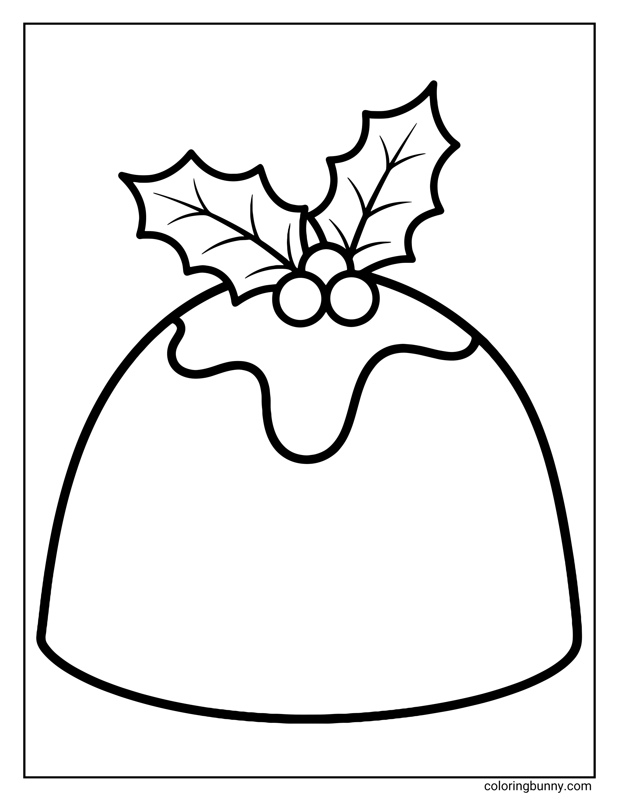 A simple Christmas pudding coloring page featuring a large, round dessert topped with thick dripping icing and a festive sprig of holly leaves and berries.