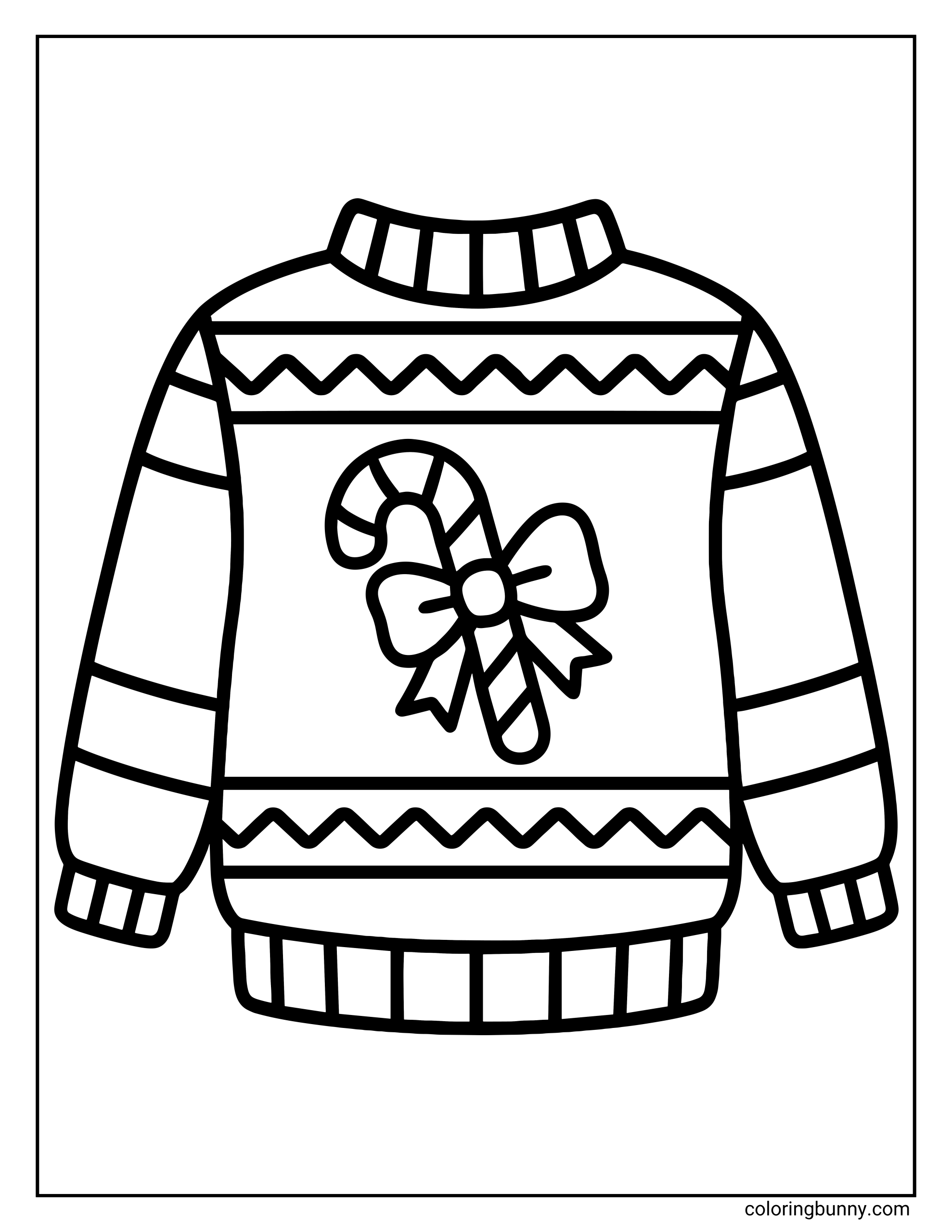 A simple Christmas coloring sheet featuring a cozy Christmas sweater decorated with zig-zag patterns and a large candy cane tied with a bow in the center.