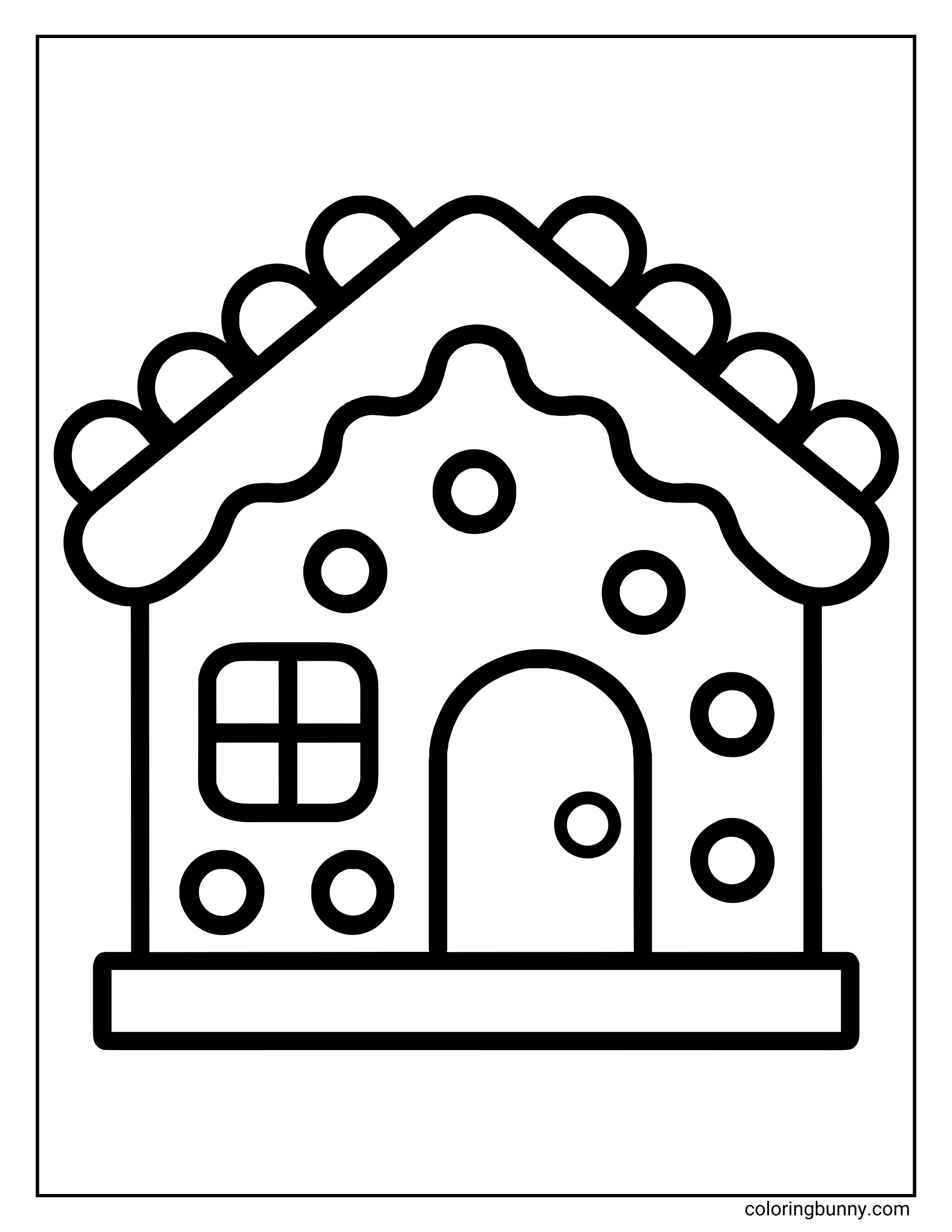 Simple gingerbread house coloring page outline featuring a scalloped roof lined with gumdrops, a square window, and an arched door.