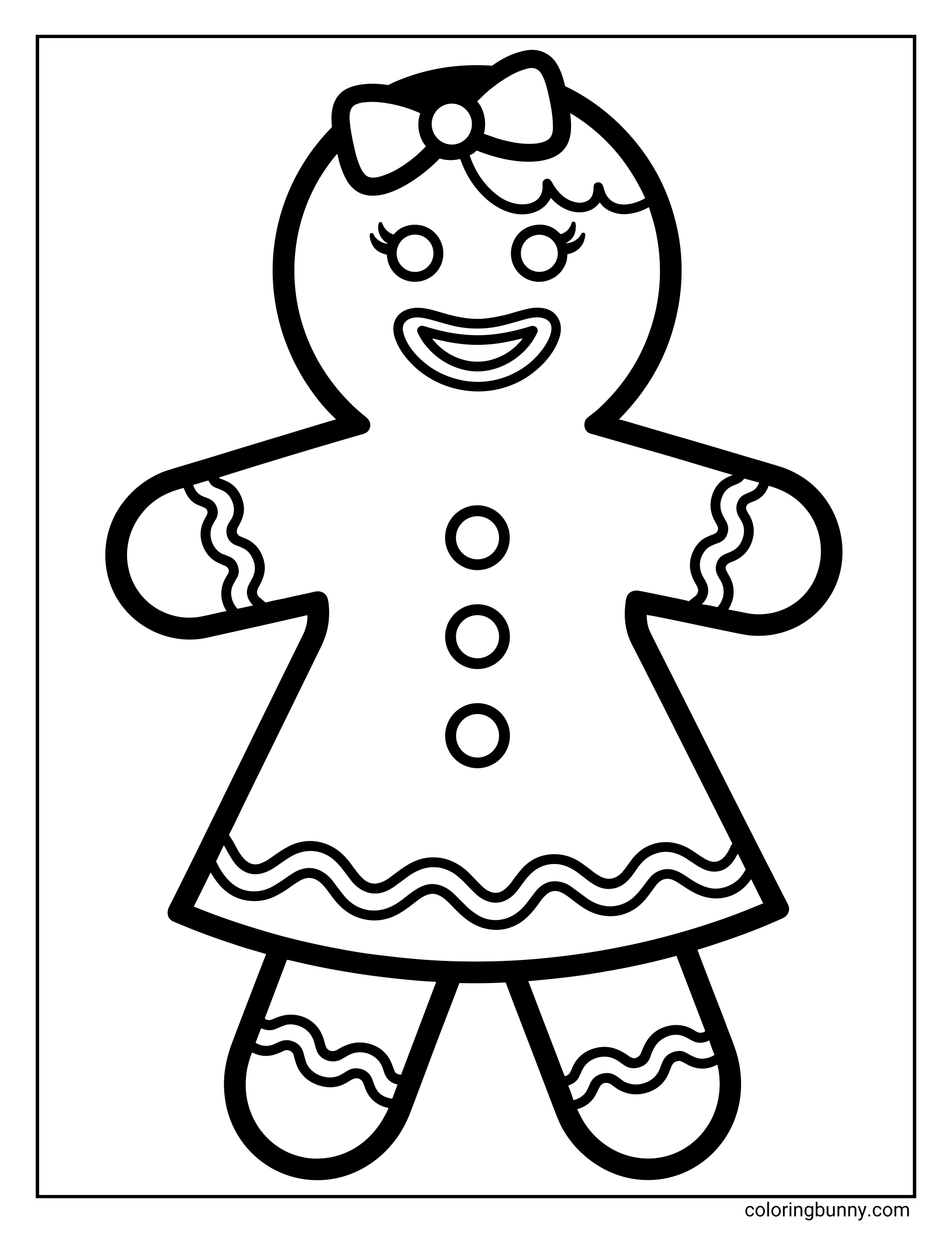 A Christmas coloring page of an easy gingerbread woman wearing a bow on her head, a dress with three buttons, and wavy icing details.