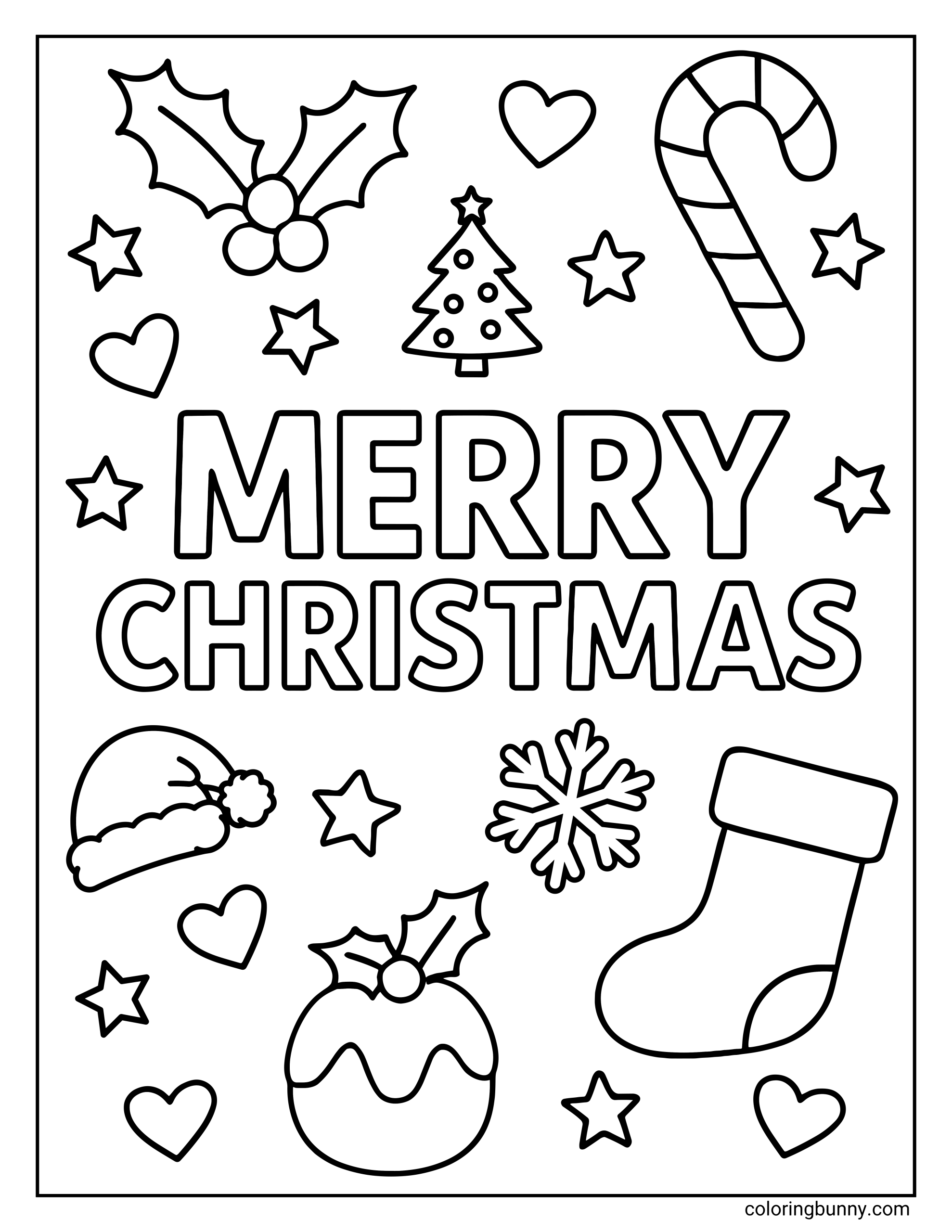 A simple Merry Christmas coloring page featuring the holiday greeting in large block letters, surrounded by festive items like a candy cane, stocking, Christmas tree, pudding, Santa hat, and a snowflake.