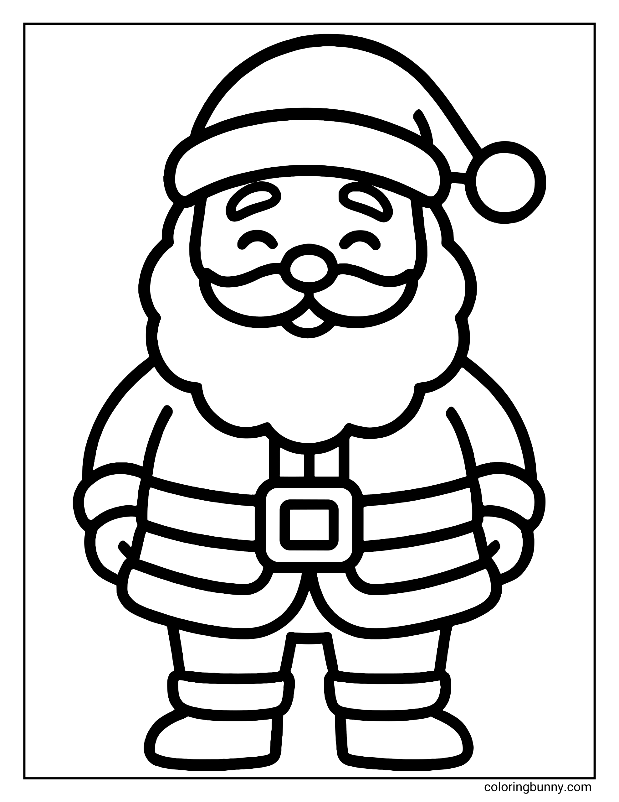 An easy Christmas coloring page of a happy Santa Claus standing with his hands by his side, wearing a big buckle belt, a fluffy hat, and a wide smile hidden in his bushy beard.