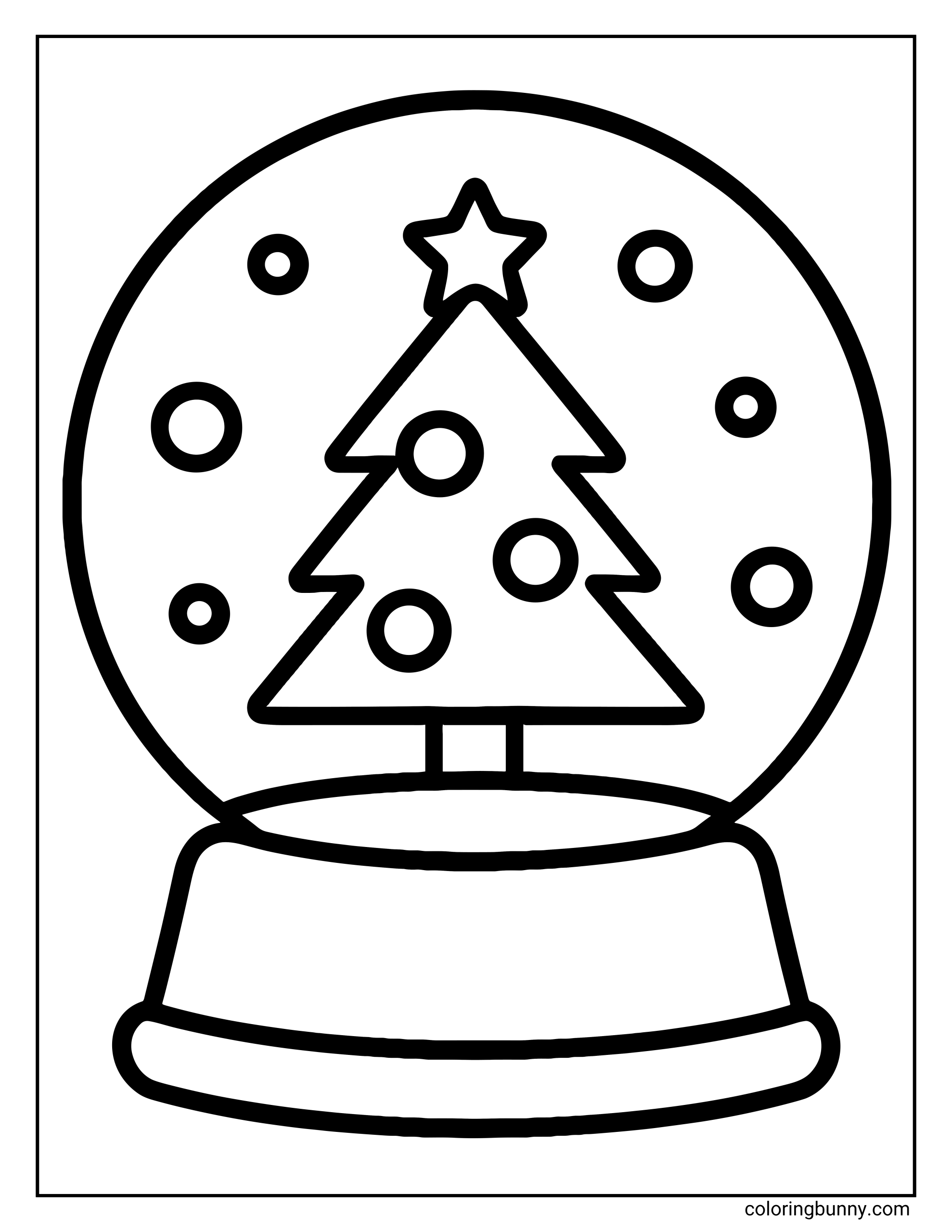 A simple Christmas snow globe coloring page featuring a Christmas tree topped with a star, surrounded by falling snow inside a round glass dome sitting on a sturdy base.