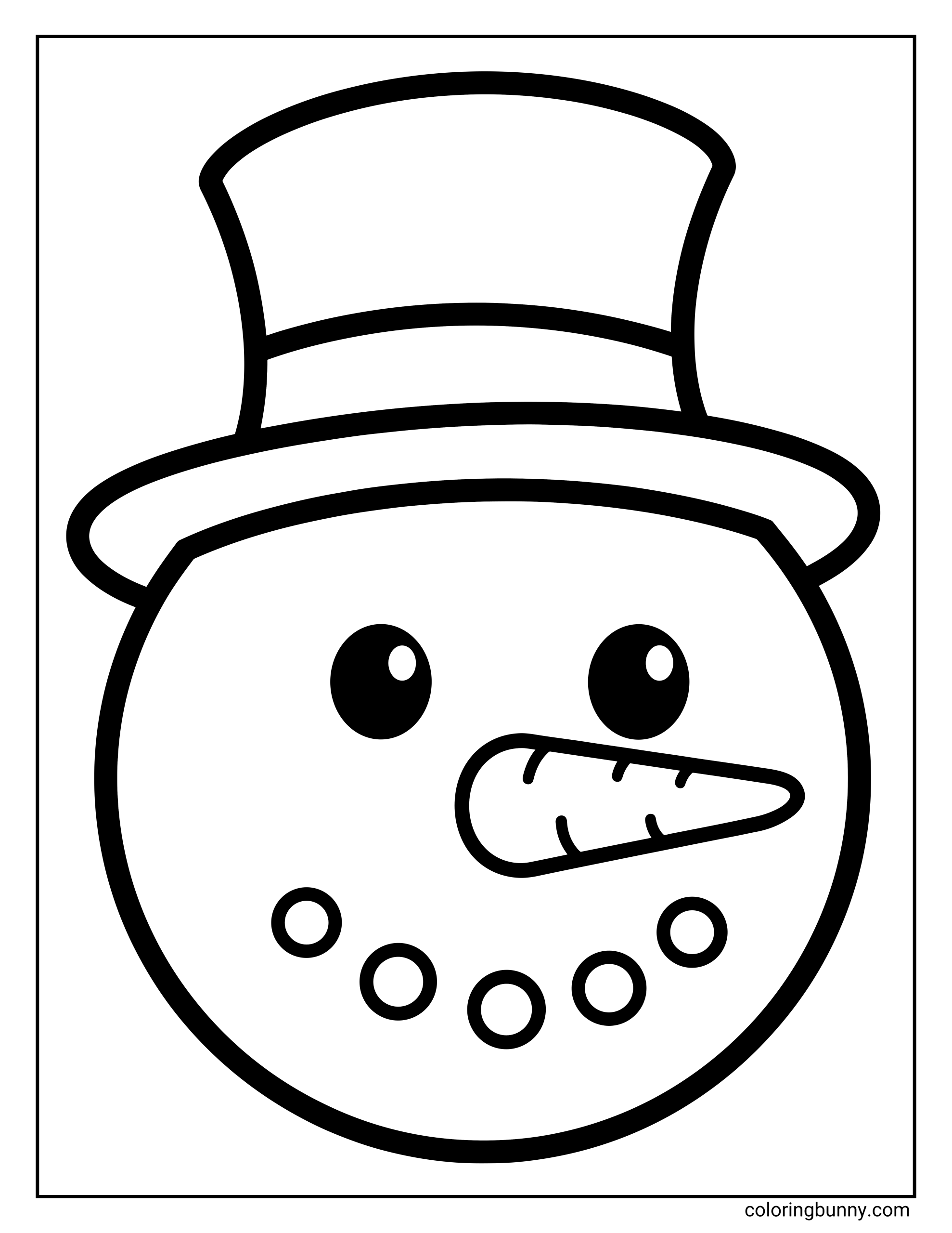 An easy Christmas snowman head coloring page featuring a large head wearing a tall top hat, with a carrot nose and a smile made of coal.