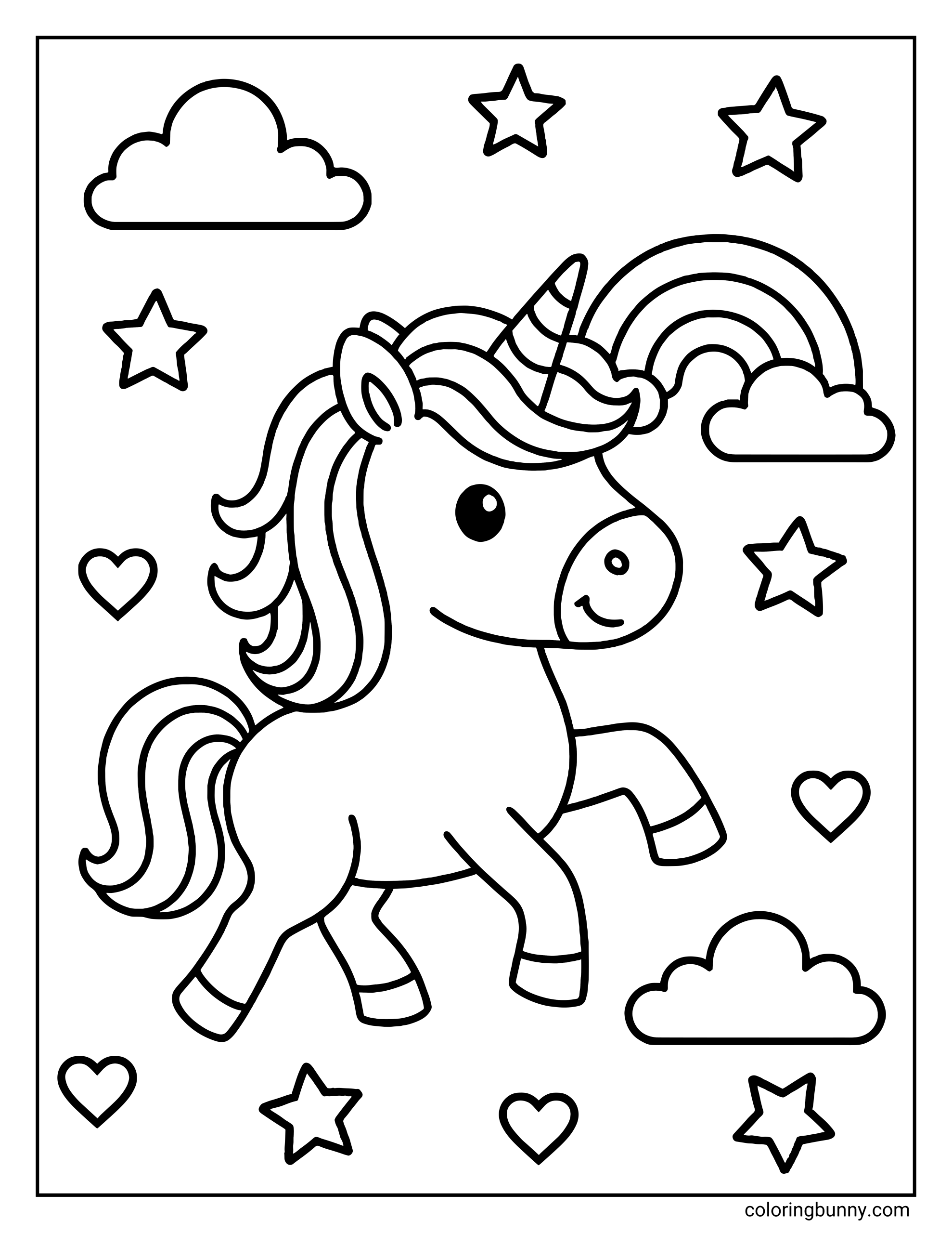 A very easy coloring page of a cute unicorn prancing. The background features clouds, stars, hearts, and a rainbow emerging from a cloud.